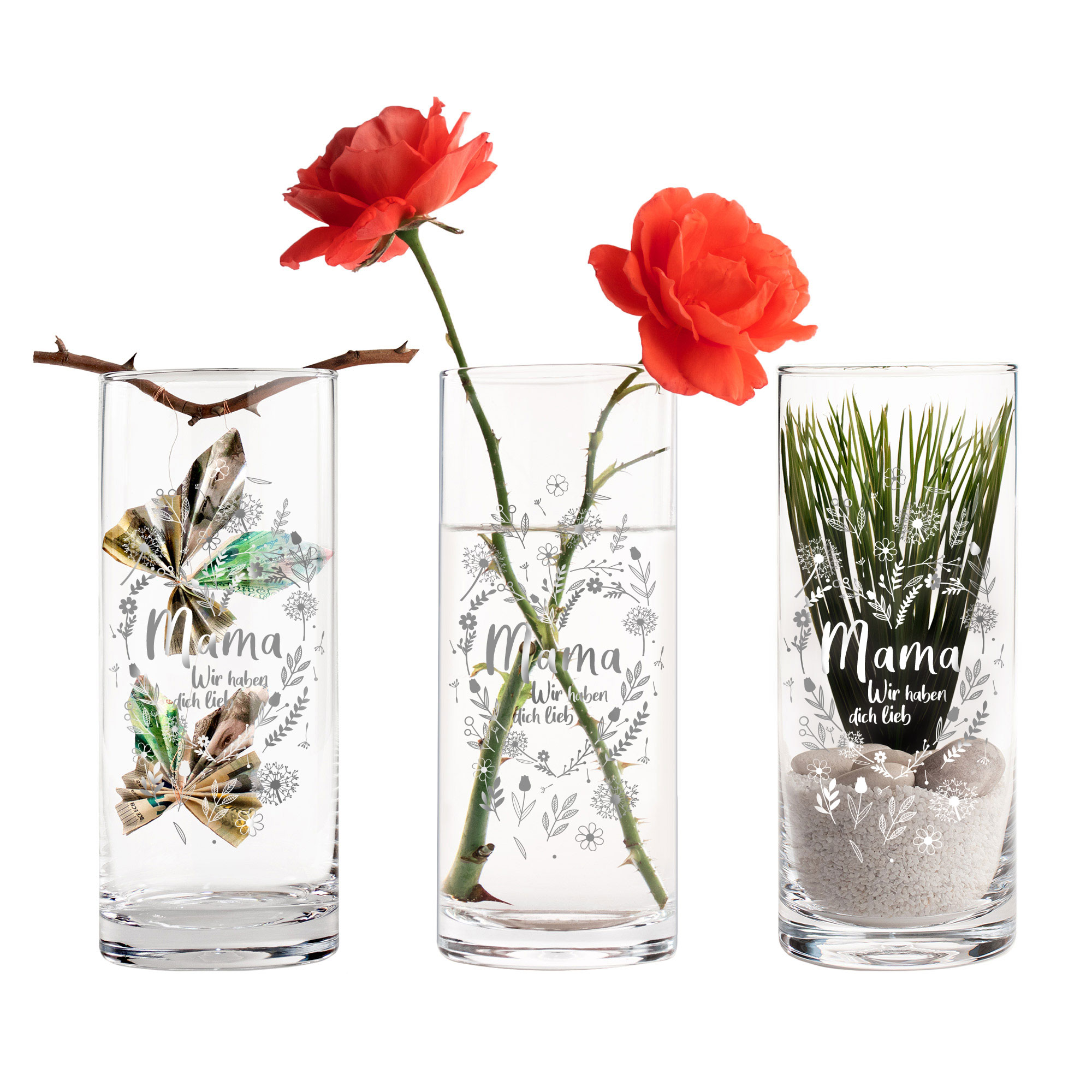 Runde Vase mit Gravur - Blumenherz Mama