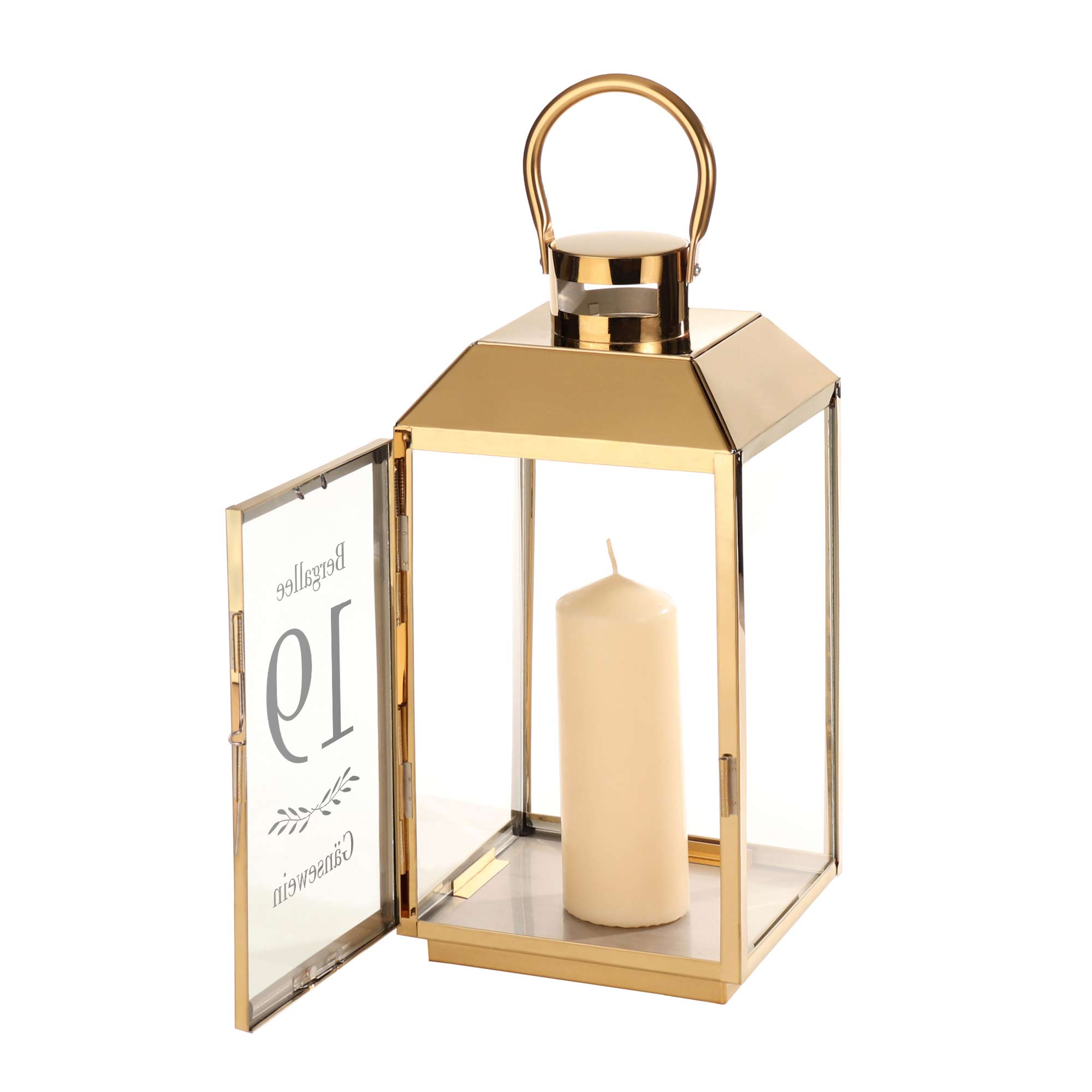 Gold Laterne mit klassischer Gravur - Name und Adresse