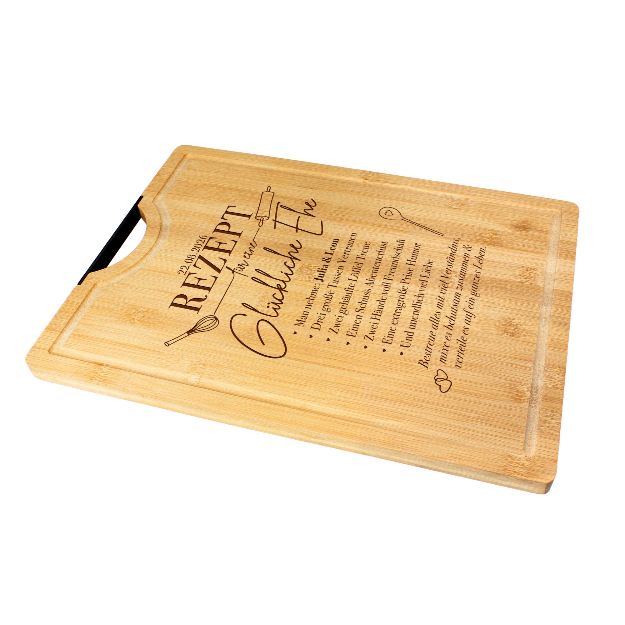 Bambusholz Schneidebrett mit Gravur - Rezept glückliche Ehe