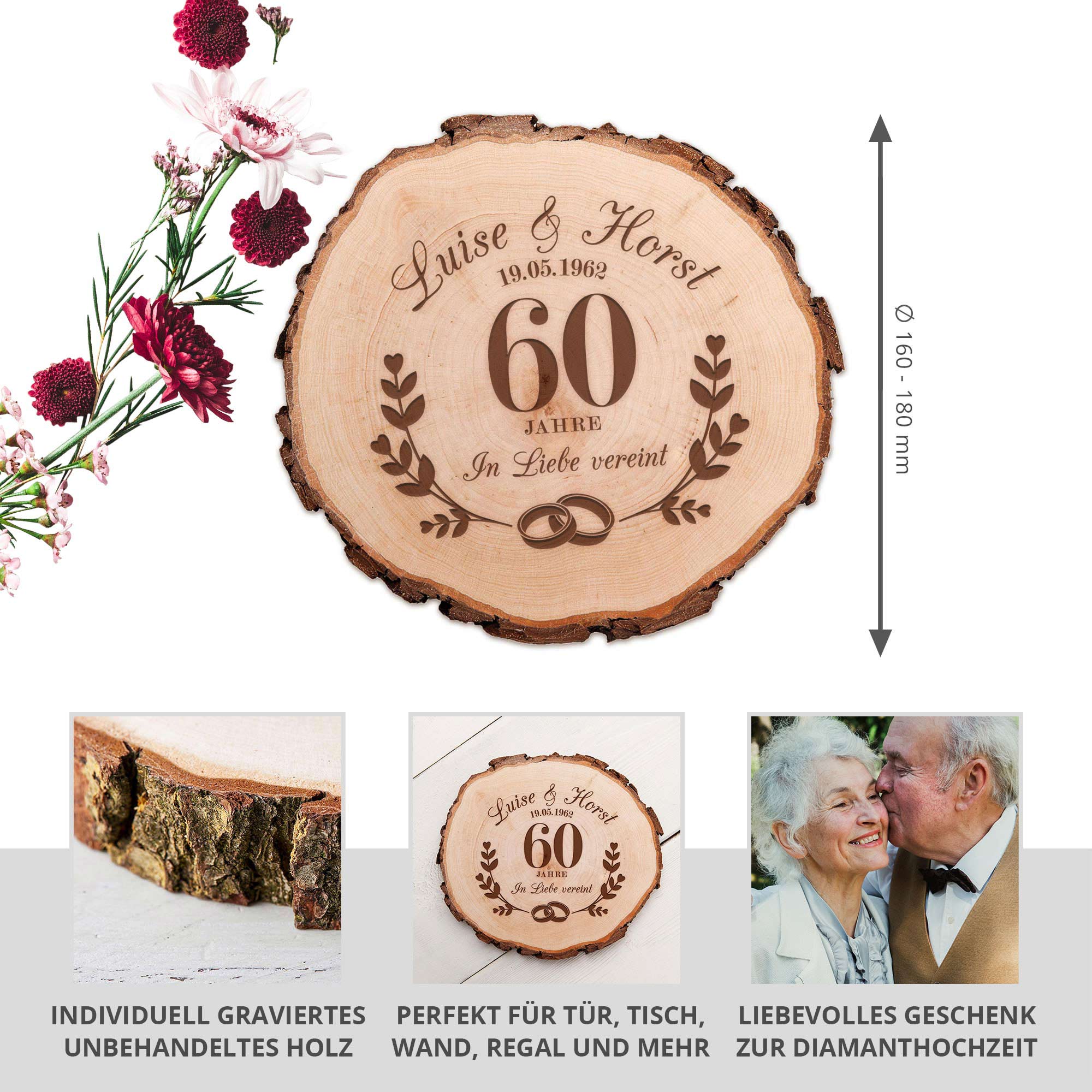 Baumscheibe mit Gravur zur Diamantenen Hochzeit