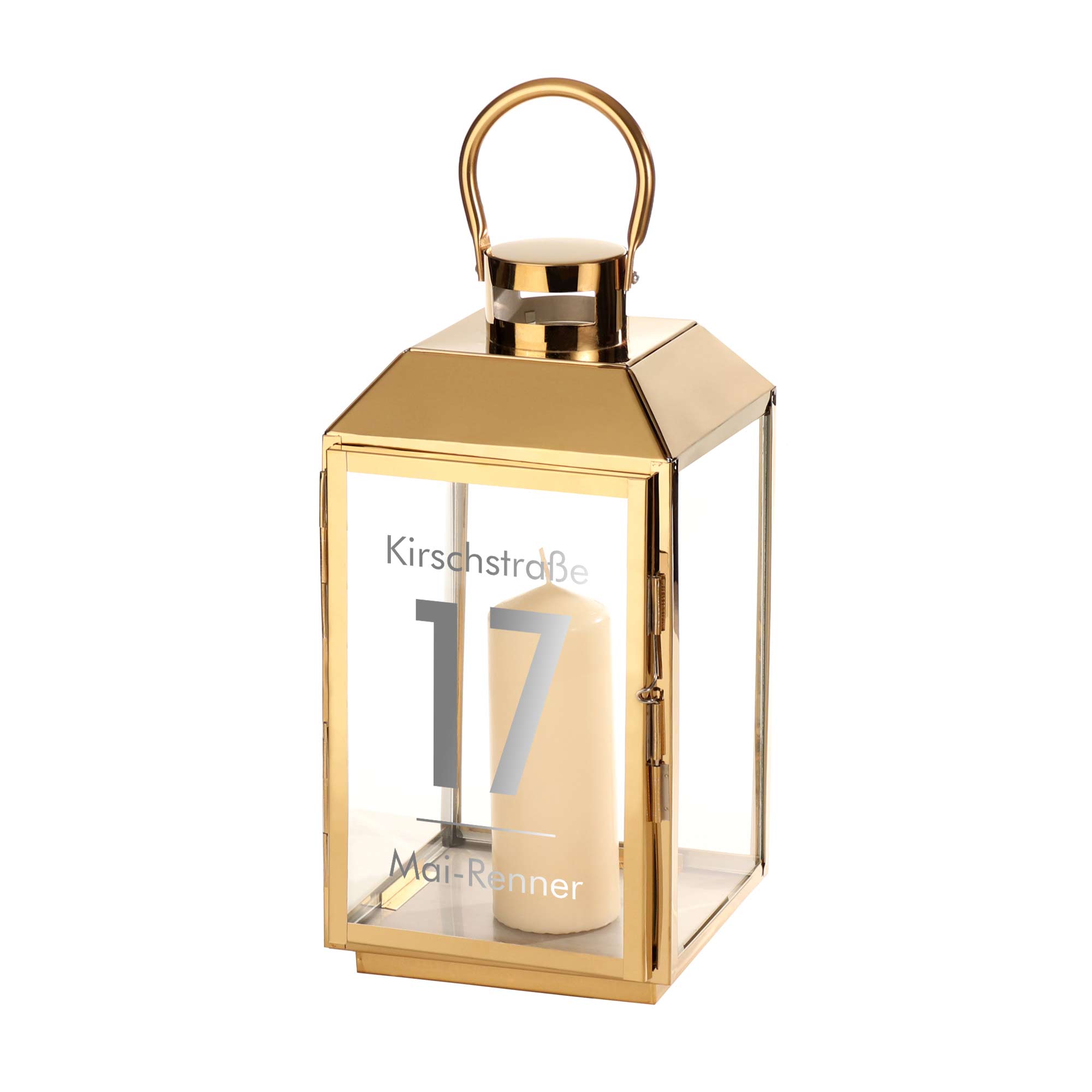 Gold Laterne mit moderner Gravur - Name und Adresse