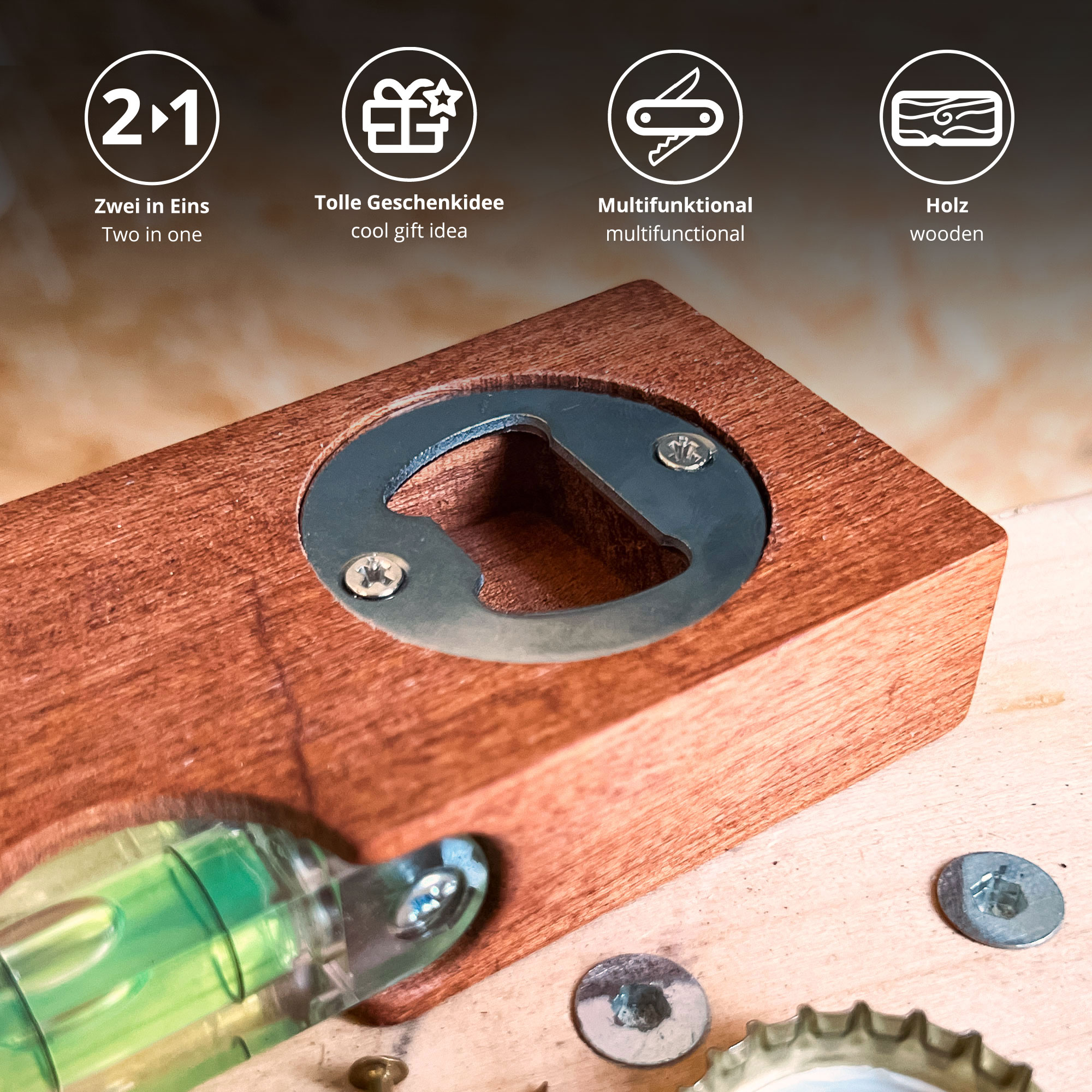 Wasserwaage mit Flaschenöffner graviert - Bester Papa