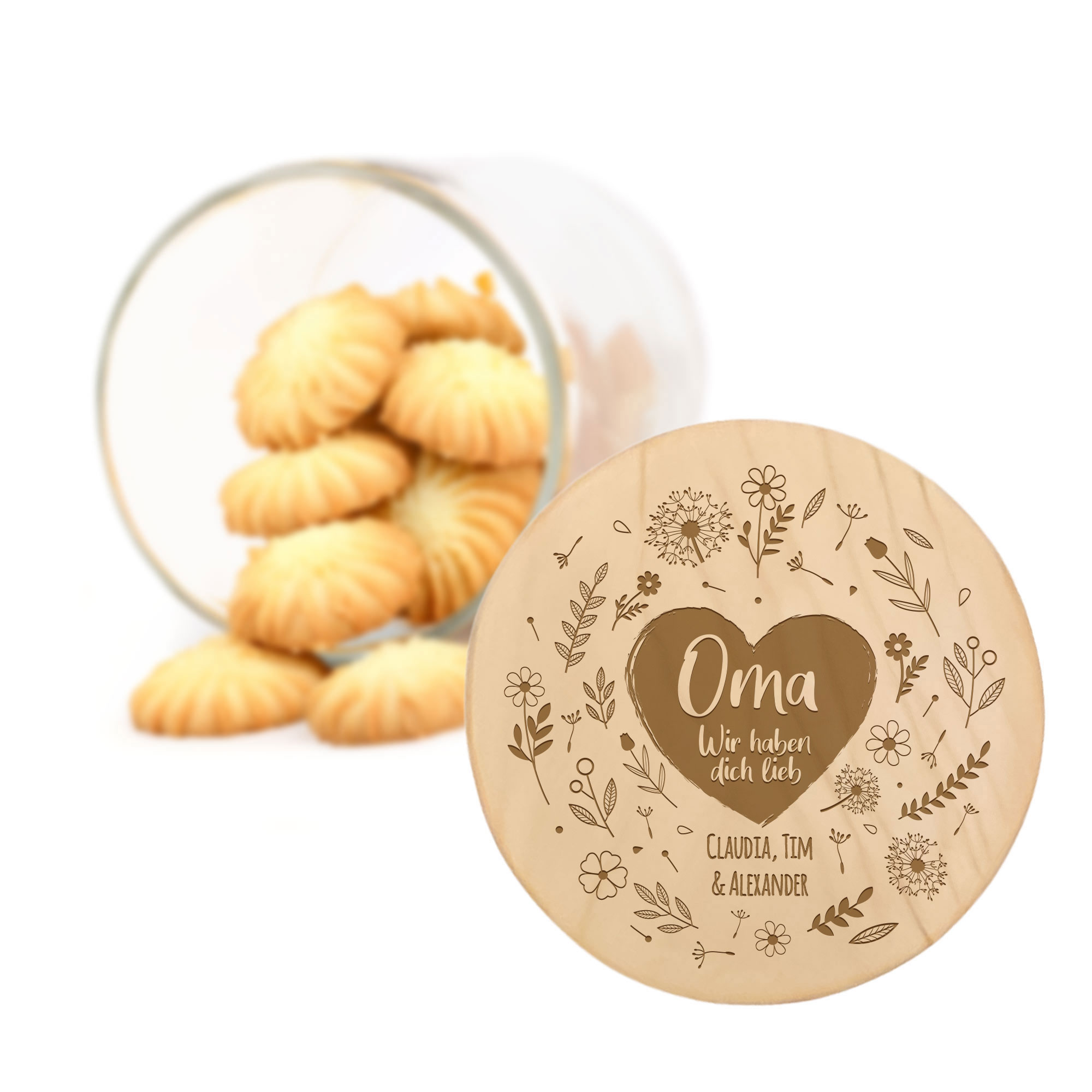 Vorratsglas mit Gravur - Blumenherz für Oma Vorratsglas mit Gravur - Blumenherz für Oma