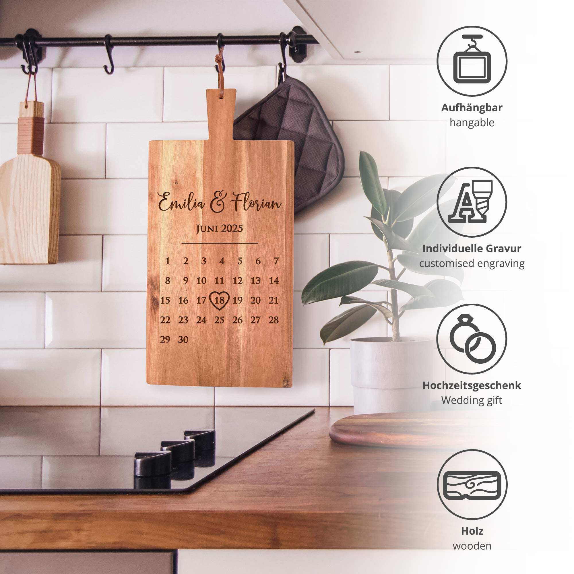 Schneidebrett mit Griff - Kalender Gravur