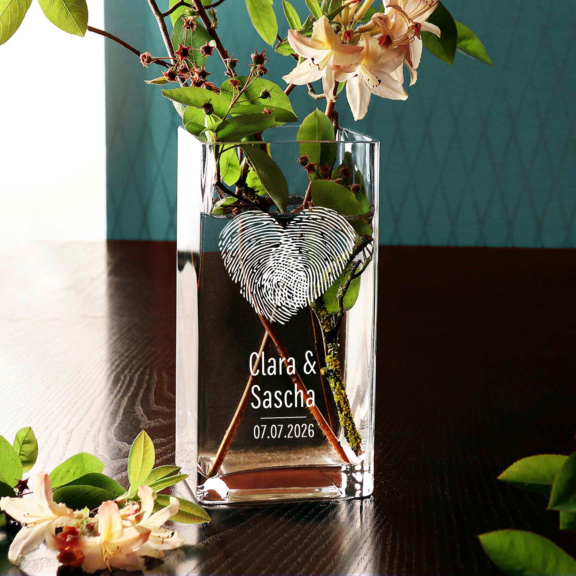 Eckige Vase mit Gravur - Fingerabdruck Herz
