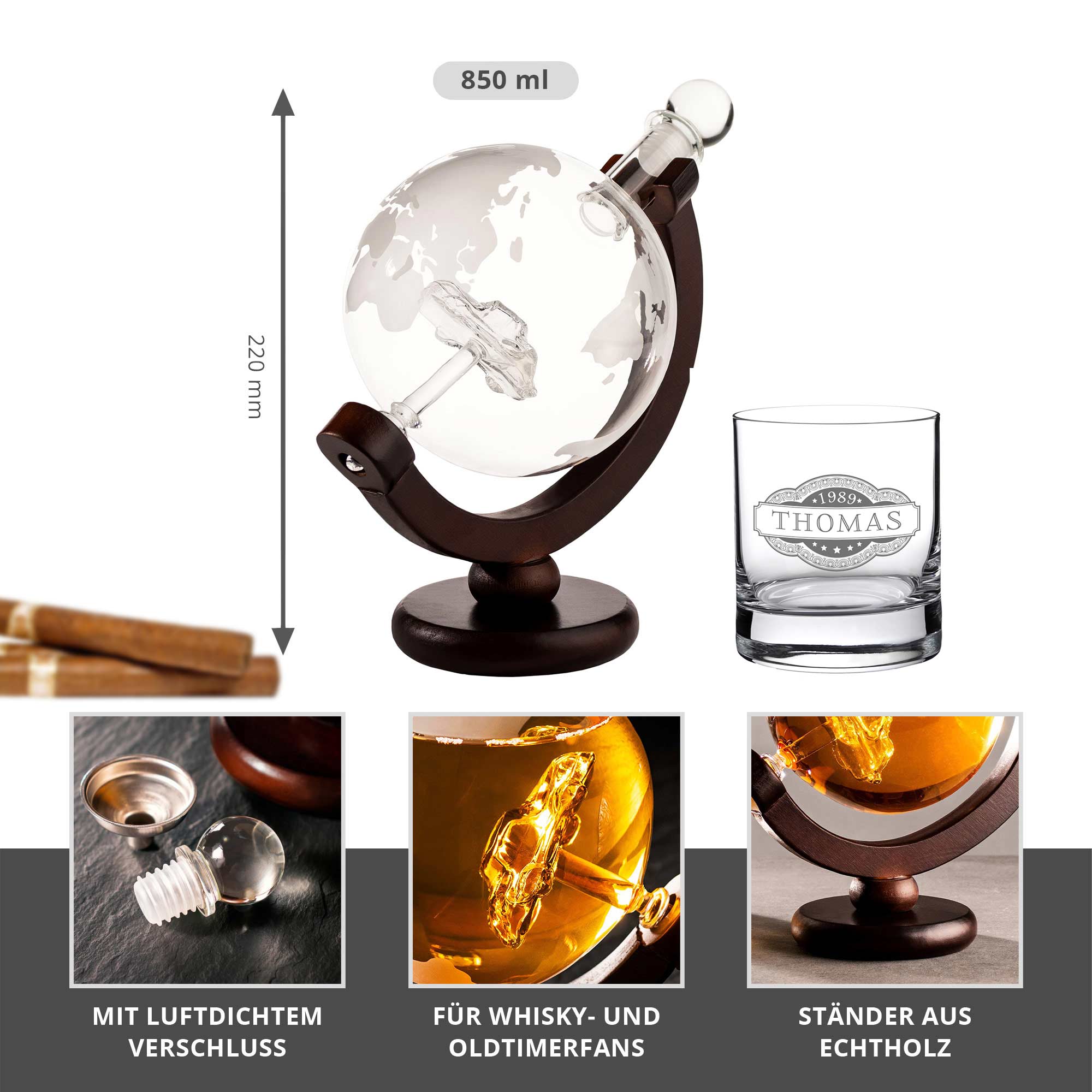 Whiskyset Globus Karaffe Auto und Whiskyglas mit Gravur - Banderole Whiskyset Globus Karaffe Auto und Whiskyglas mit Gravur - Banderole