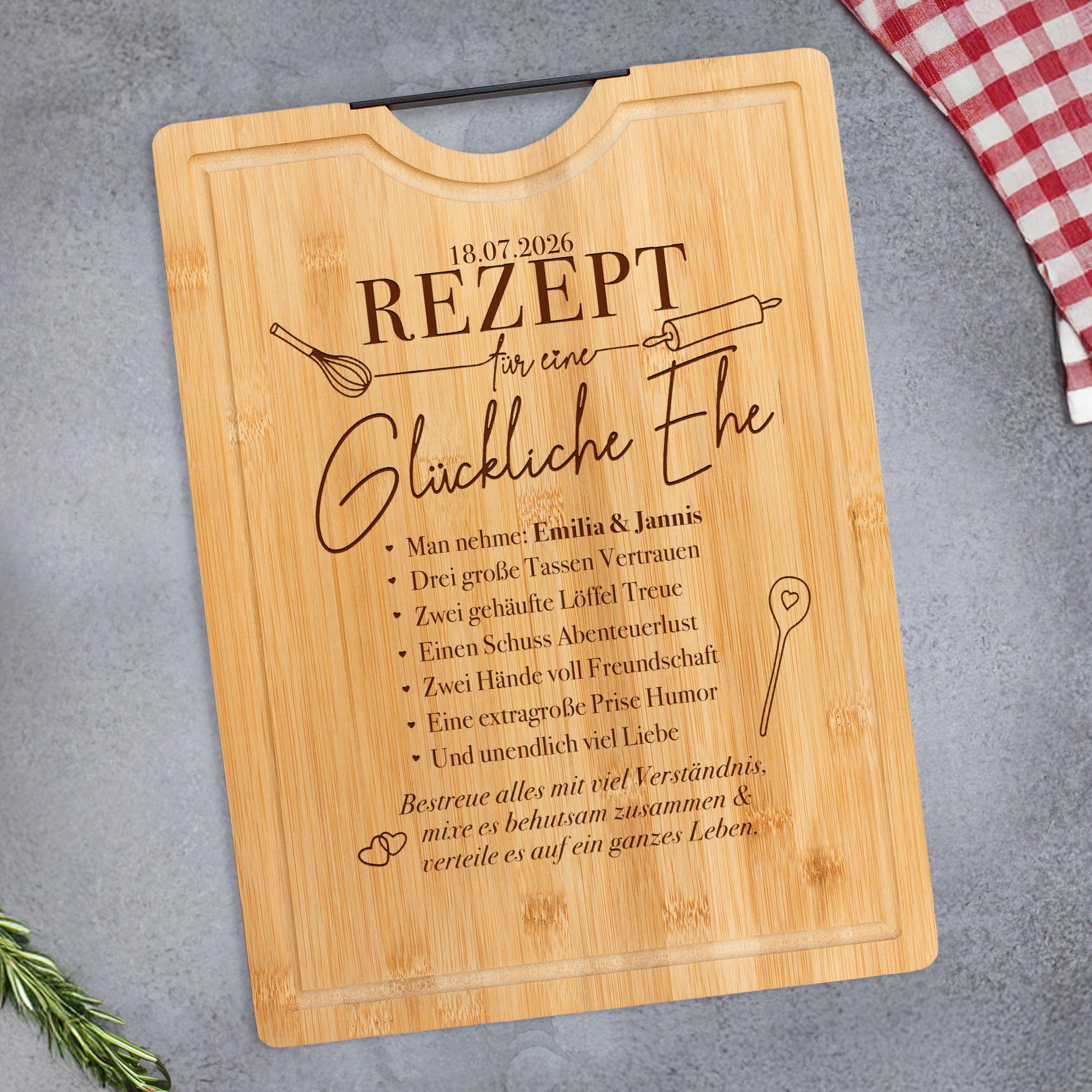 Bambusholz Schneidebrett mit Gravur - Rezept glückliche Ehe