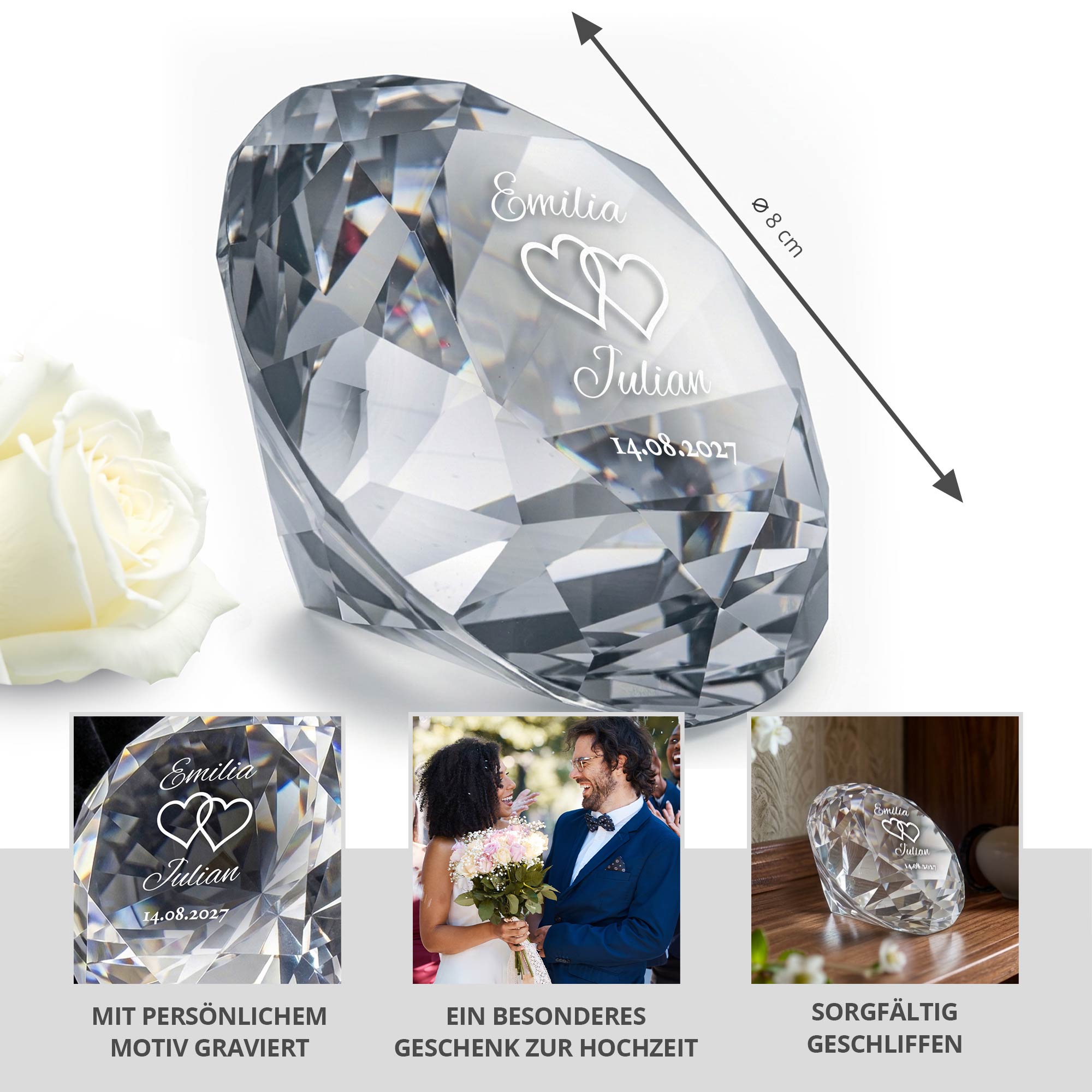 Diamant Kristall mit Gravur zur Hochzeit mit Samtsäckchen