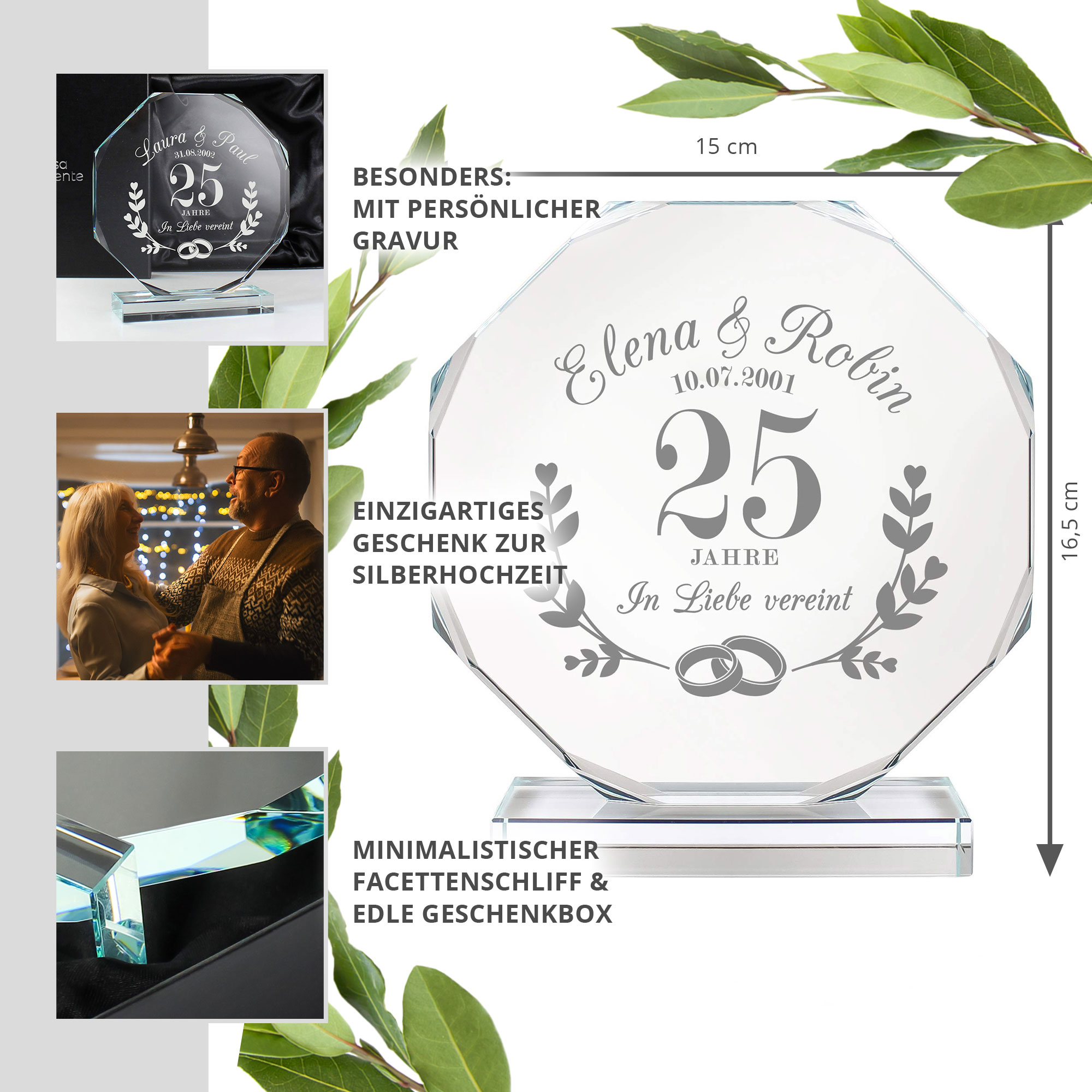 Personalisierter Glaspokal mit Facettenschliff zur Silberhochzeit - 25 Jahre