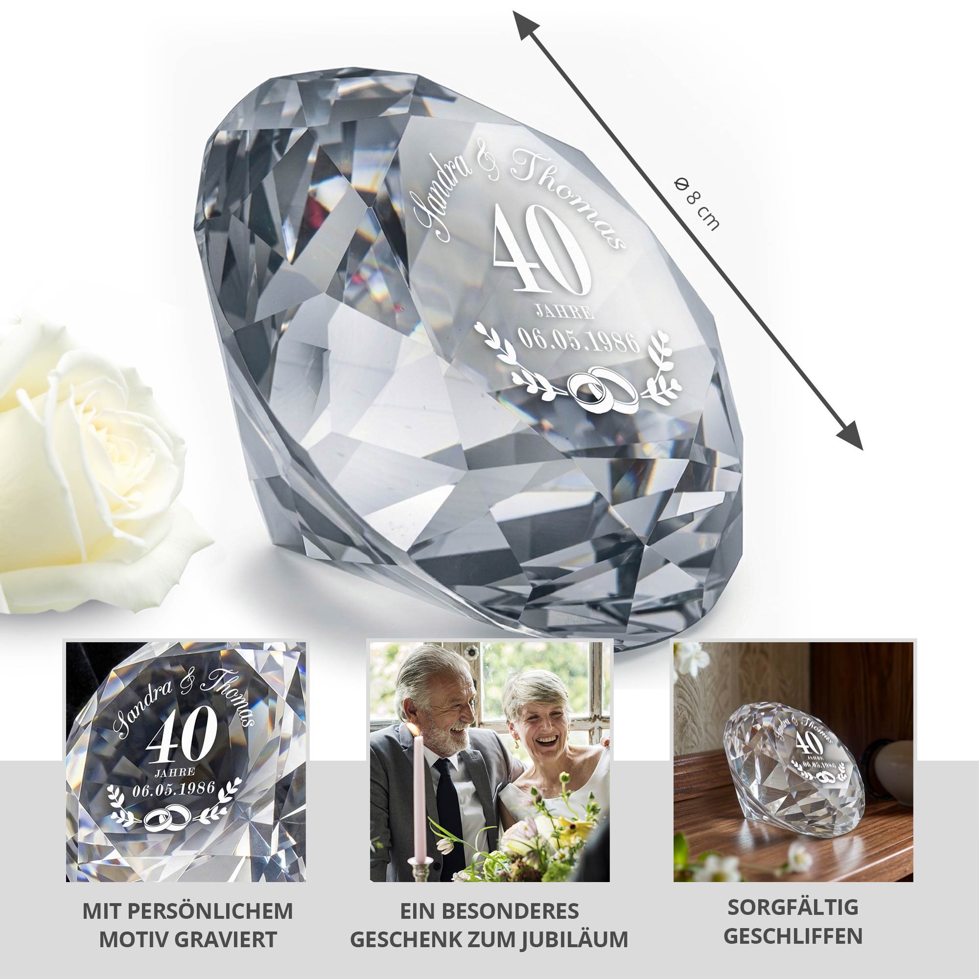 Diamant Kristall mit Gravur und Samtsäckchen - Rubinhochzeit Diamant Kristall mit Gravur und Samtsäckchen - Rubinhochzeit