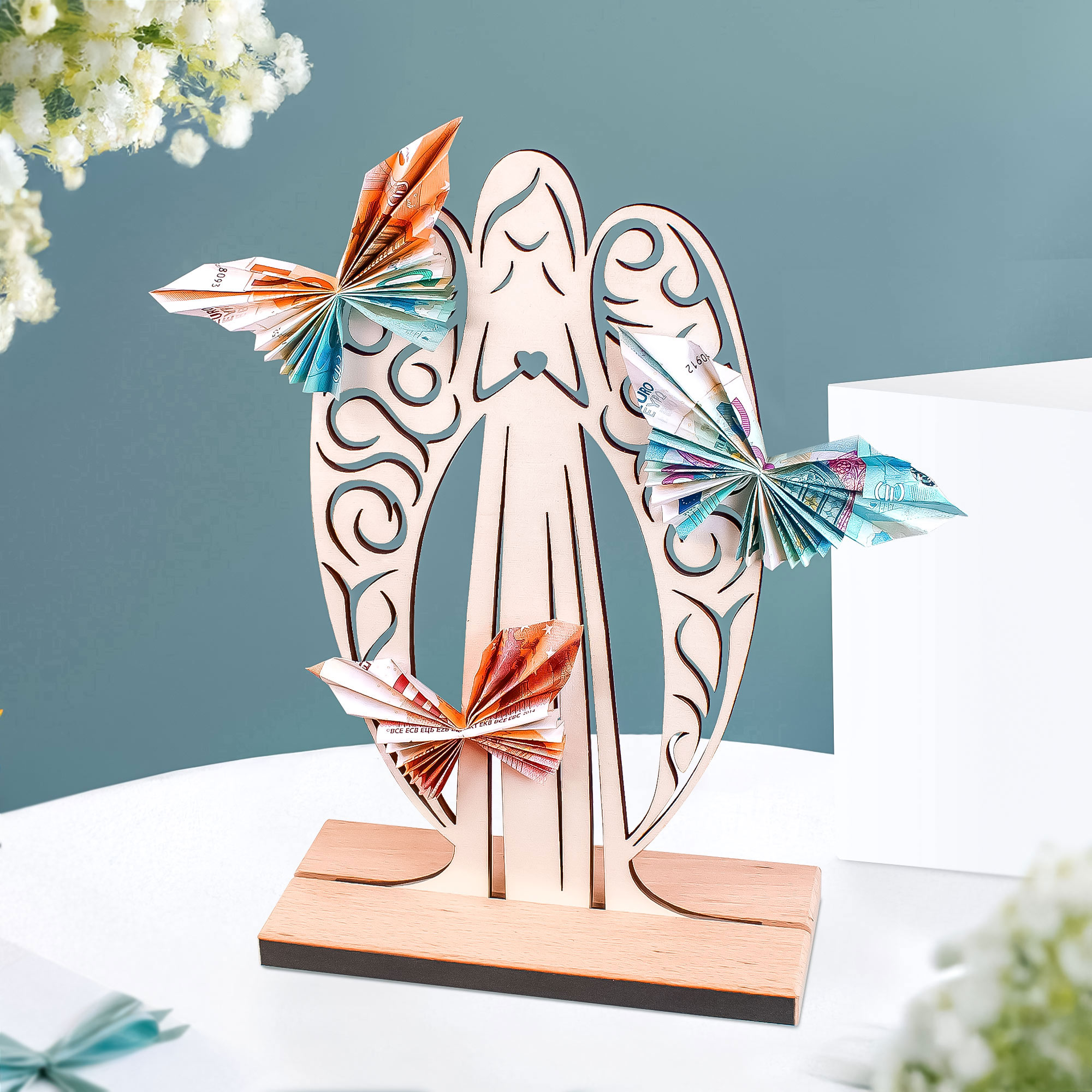 Großer Geldengel aus Holz - Geschenkverpackung