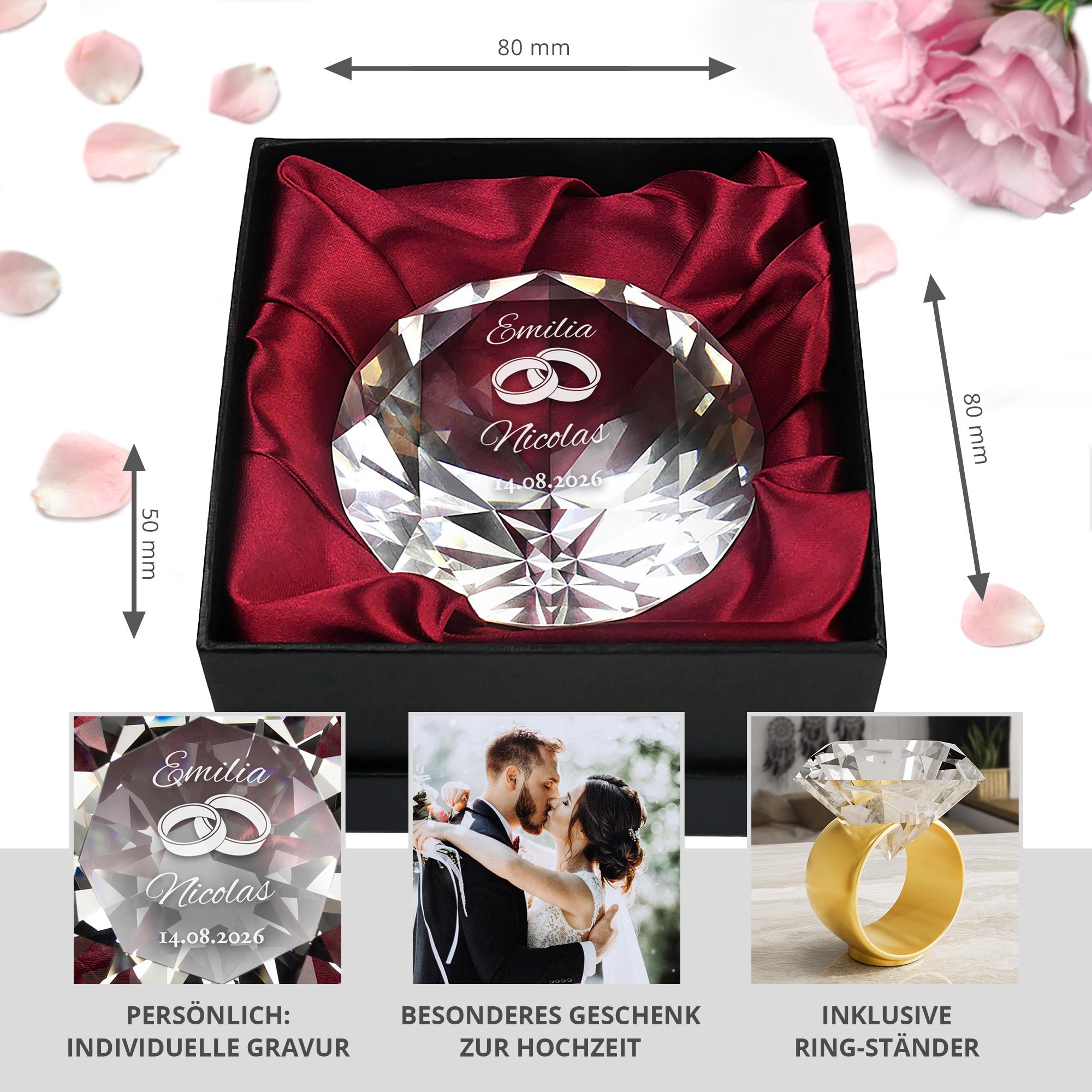 Diamant Kristall mit Gravur zur Hochzeit und Ring Displayständer Diamant Kristall mit Gravur zur Hochzeit und Ring Displayständer