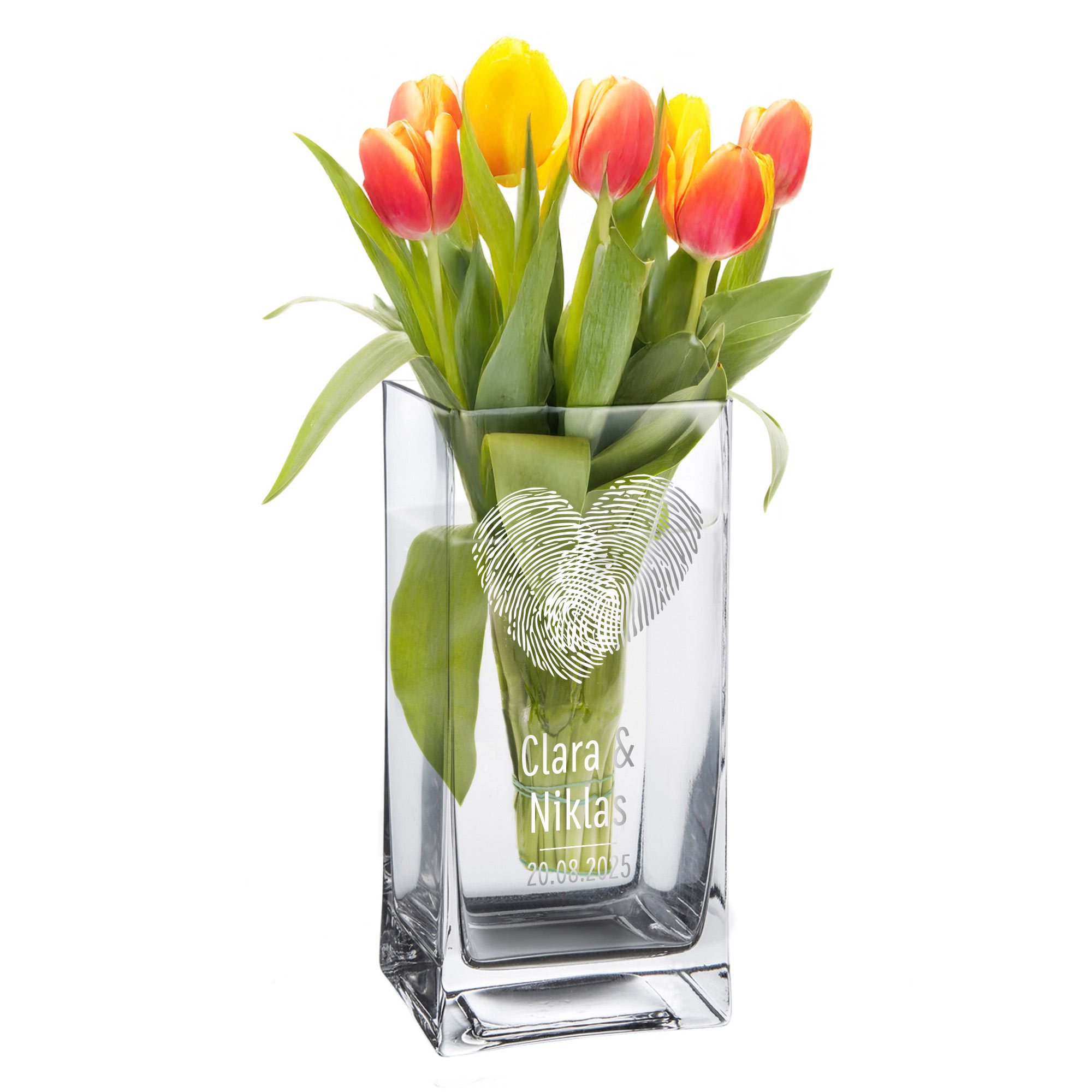 Eckige Vase mit Gravur - Fingerabdruck Herz