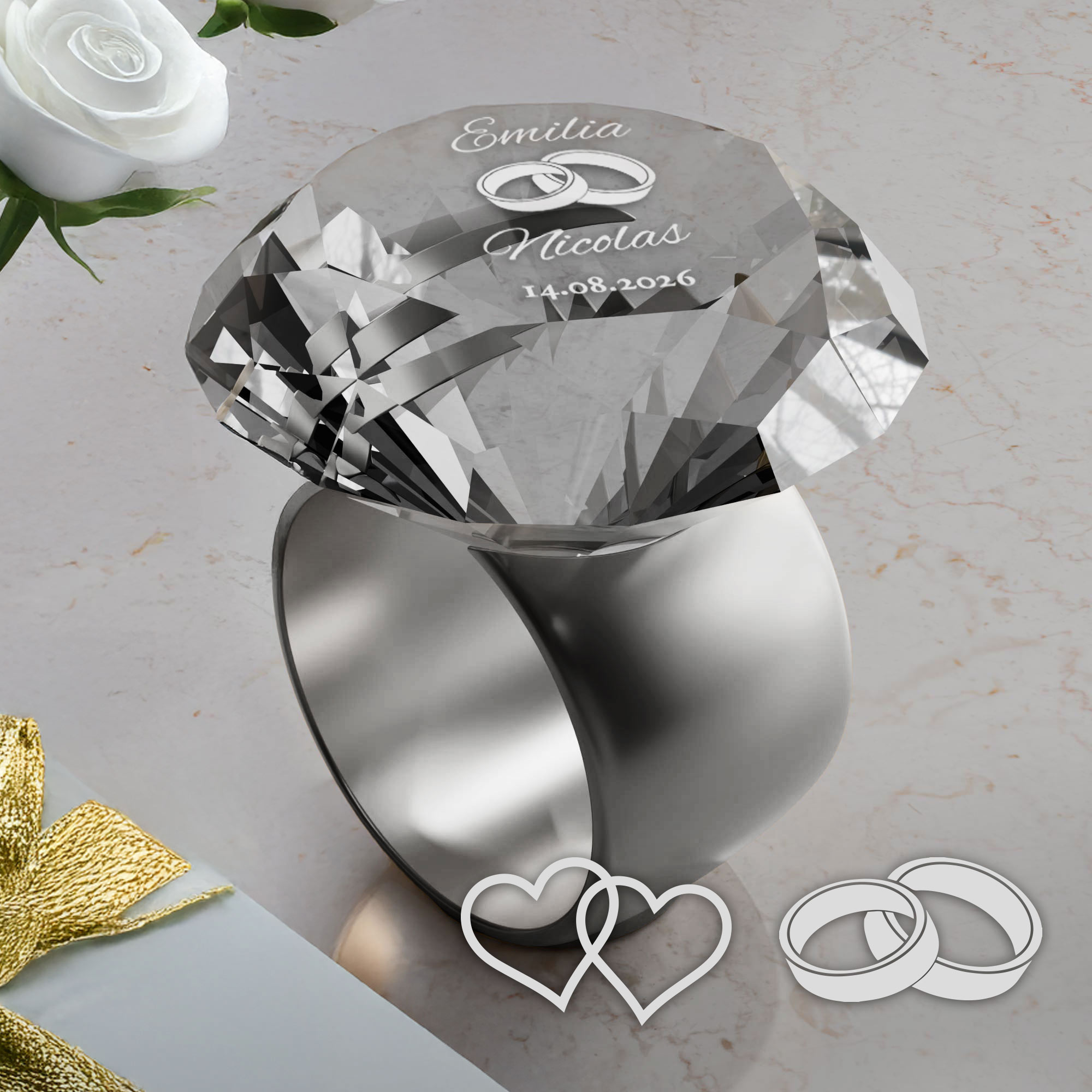Diamant Kristall mit Gravur zur Hochzeit und Ring Displayständer Silber Diamant Kristall mit Gravur zur Hochzeit und Ring Displayständer Silber