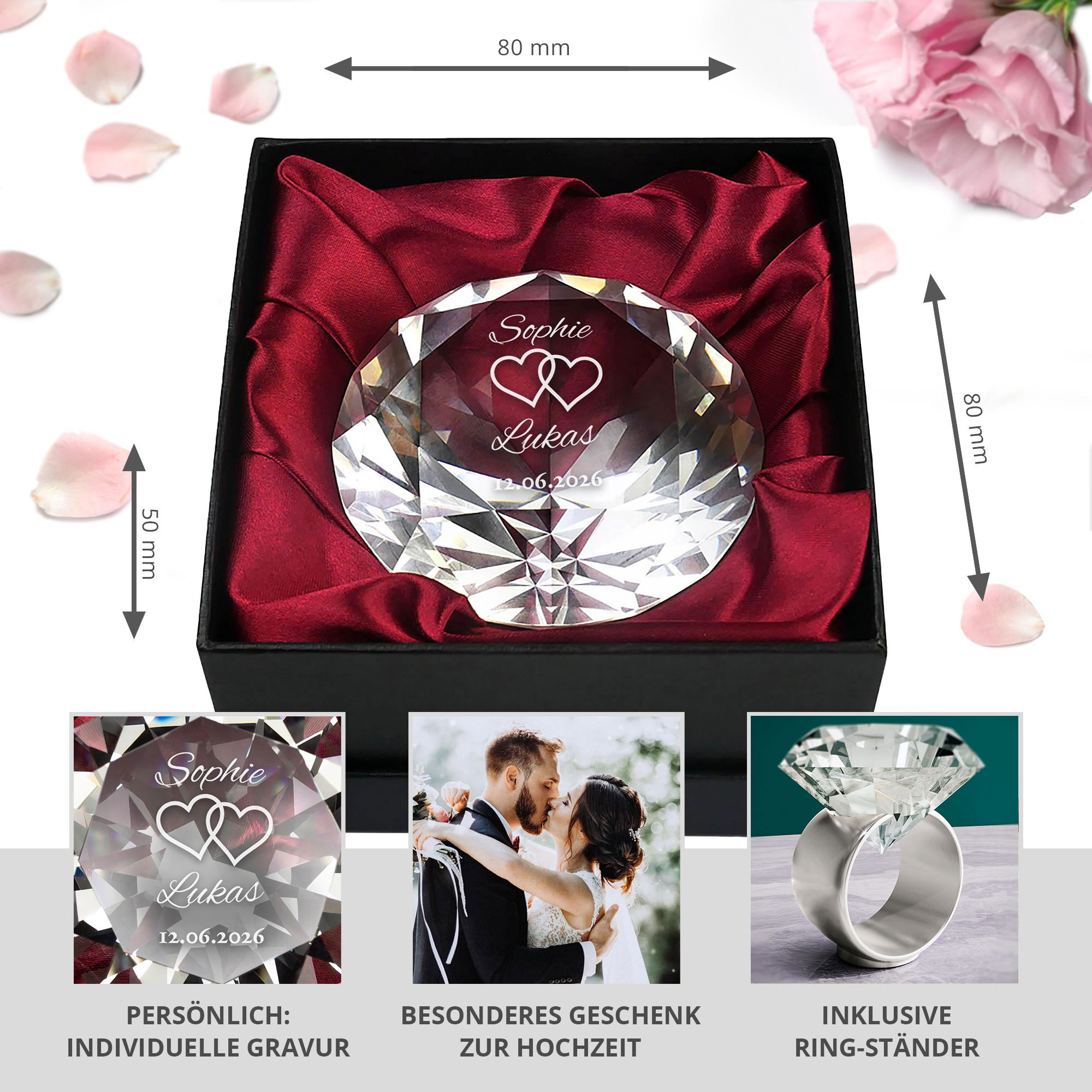 Diamant Kristall mit Gravur zur Hochzeit und Ring Displayständer Silber Diamant Kristall mit Gravur zur Hochzeit und Ring Displayständer Silber