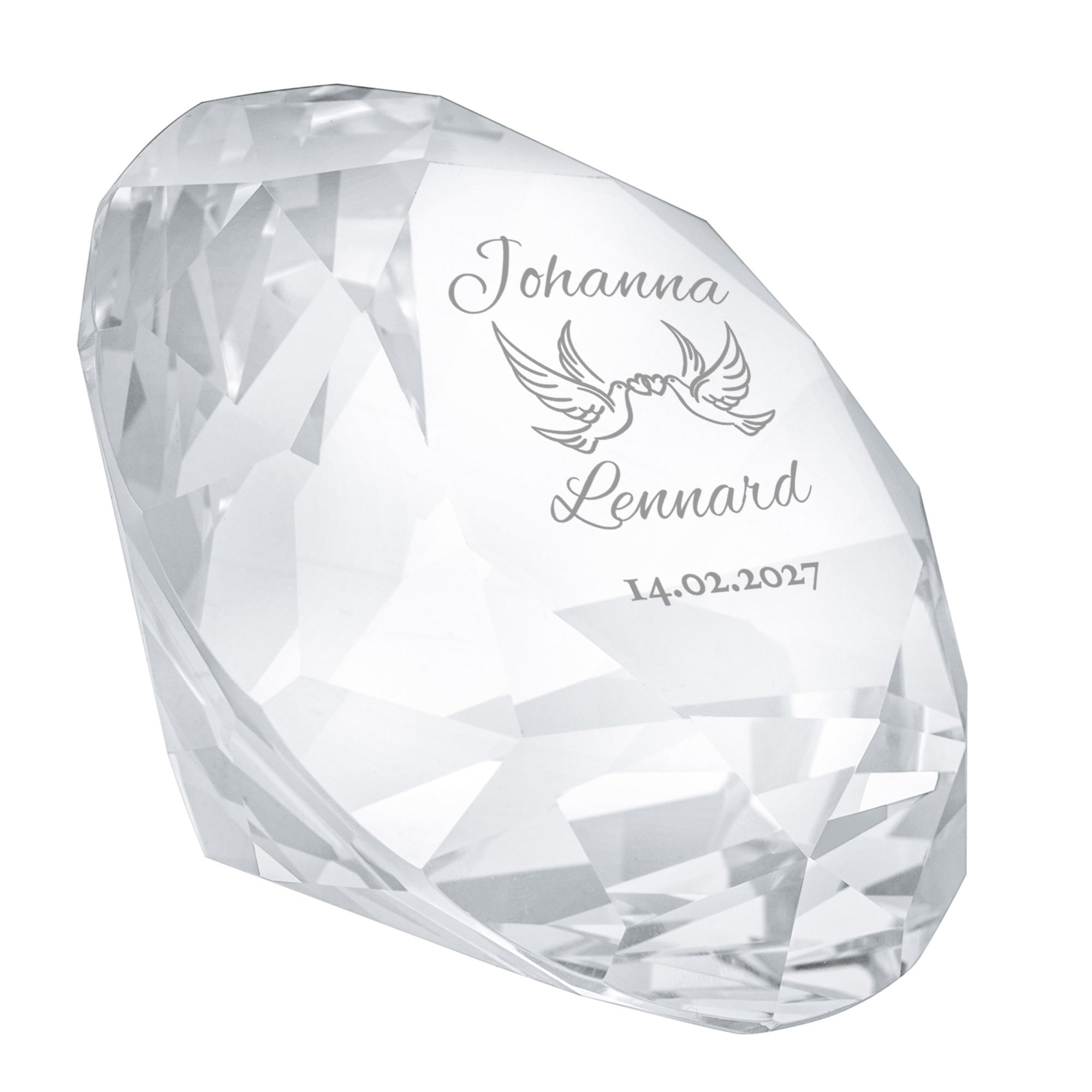 Diamant Kristall mit Liebestauben Gravur und Ring Displayständer Silber Diamant Kristall mit Liebestauben Gravur und Ring Displayständer Silber