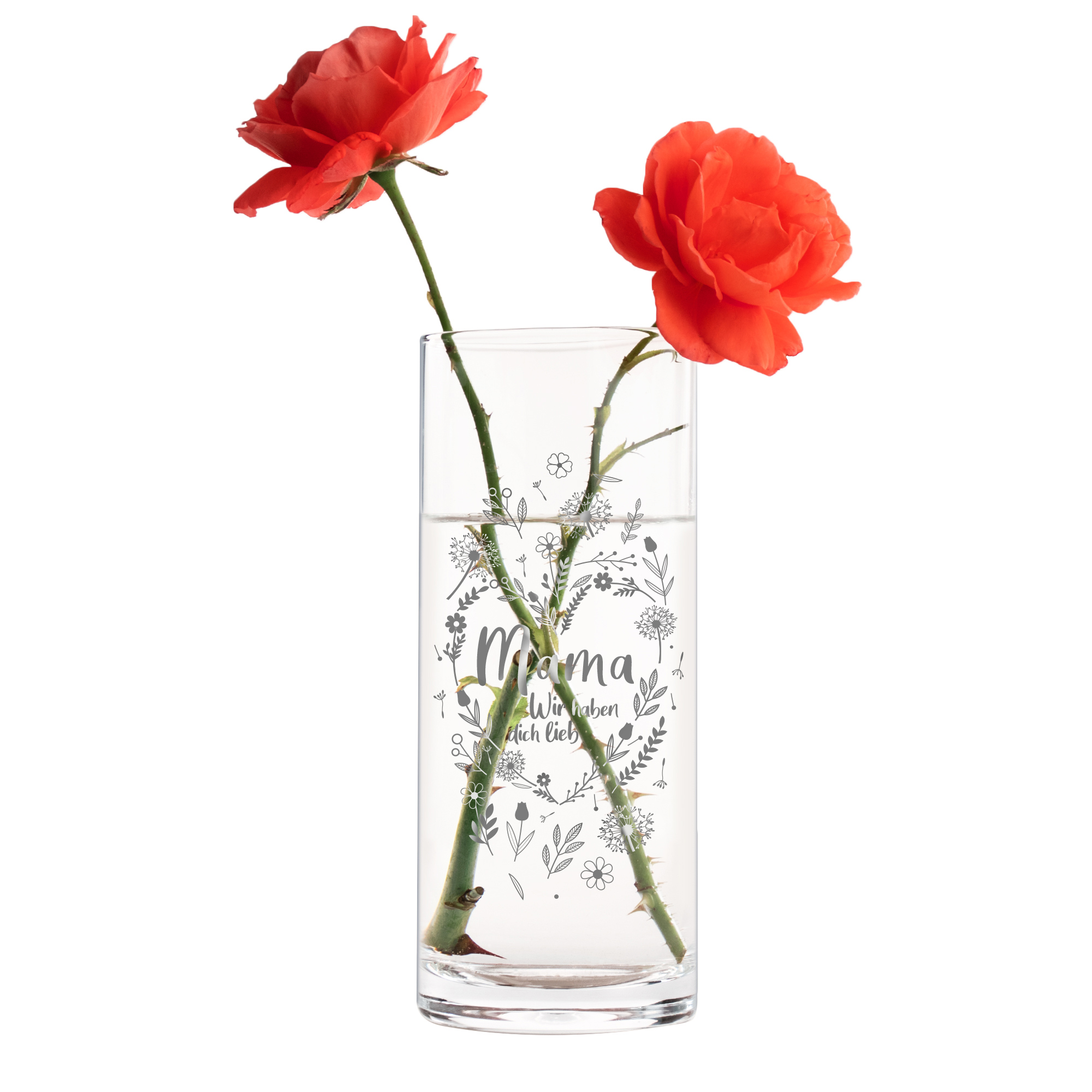 Runde Vase mit Gravur - Blumenherz Mama