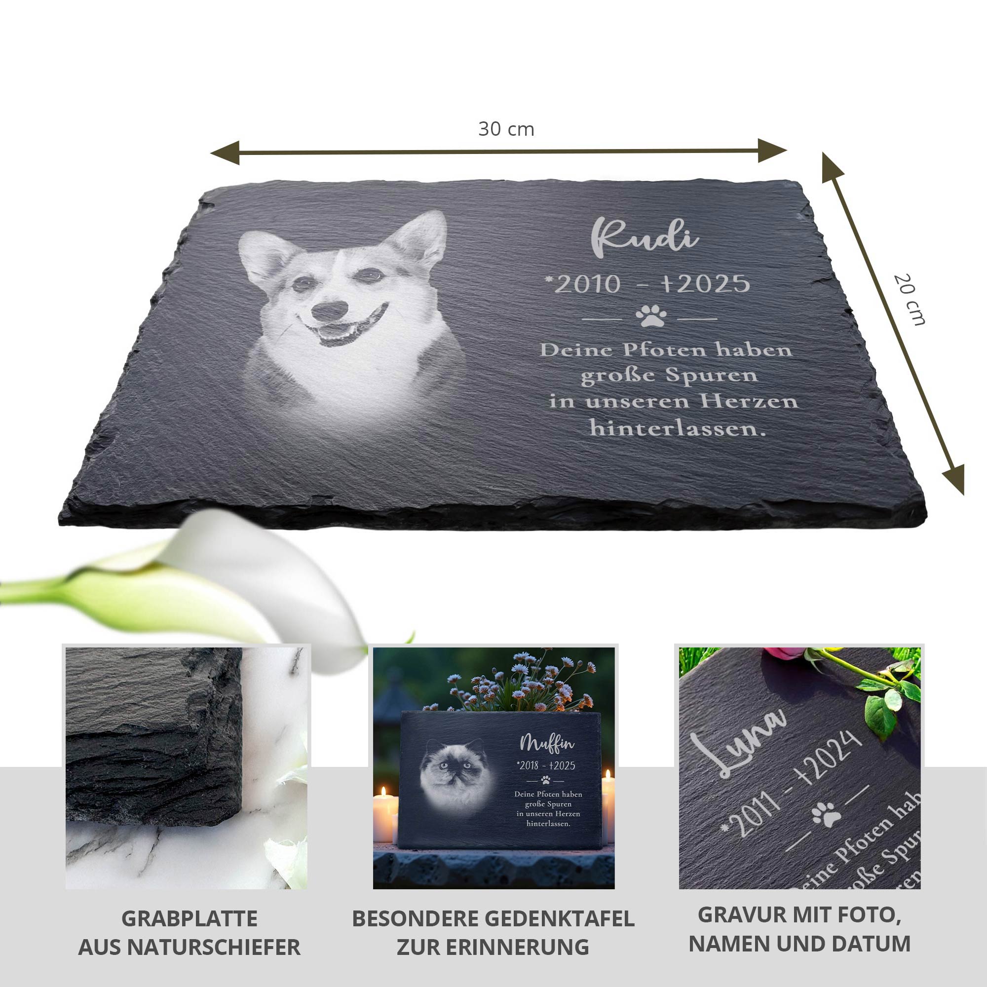 Grabplatte zur Trauer Hund & Katze - Schiefer Gedenktafel mit Foto Grabplatte zur Trauer Hund & Katze - Schiefer Gedenktafel mit Foto