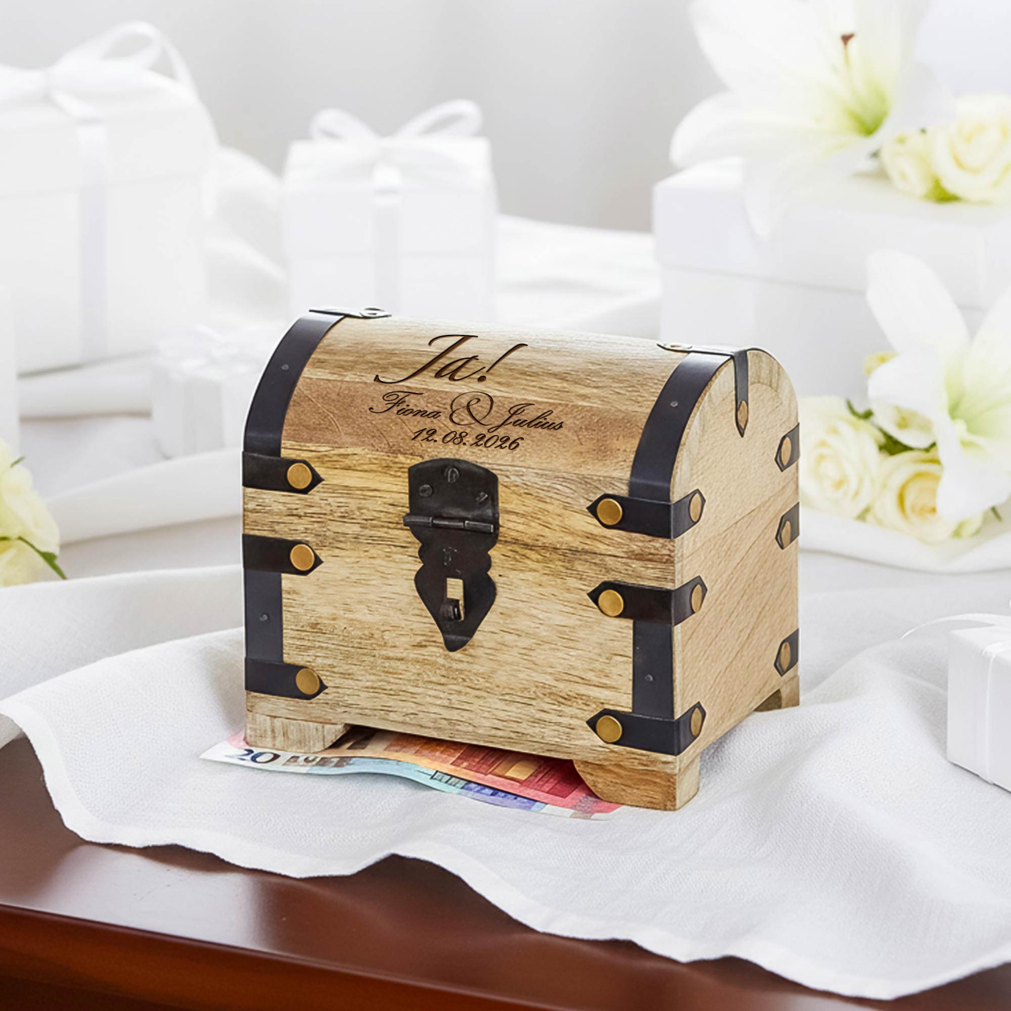 Geld Schatztruhe zur Hochzeit - Jawort Gravur Geld Schatztruhe zur Hochzeit - Jawort Gravur