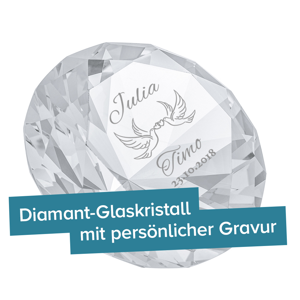 Diamant Kristall mit Gravur zur Hochzeit - Liebestauben