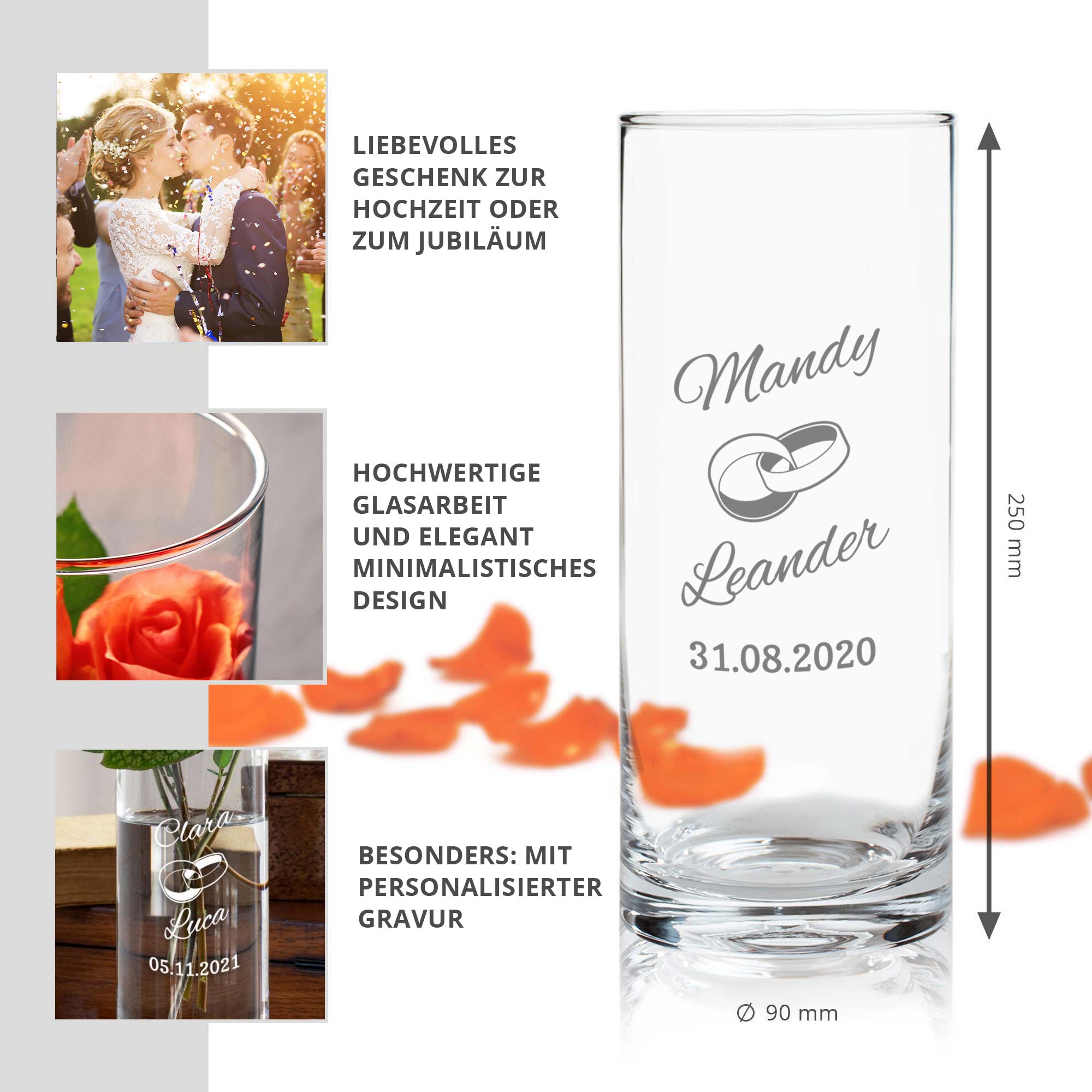 Runde Vase zur Hochzeit - Ringe Gravur
