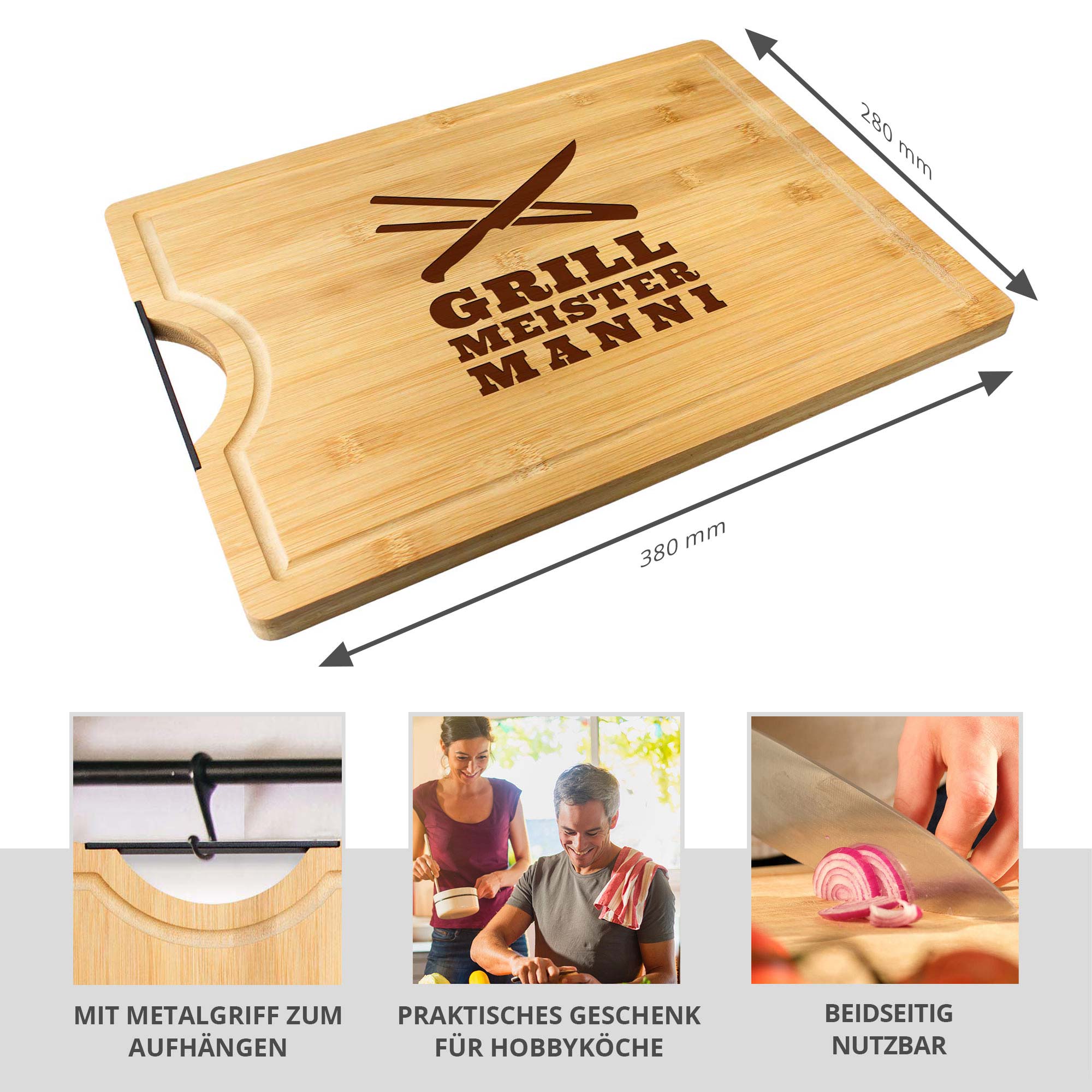 Bambusholz Schneidebrett mit Grillmeister Gravur Bambusholz Schneidebrett mit Grillmeister Gravur