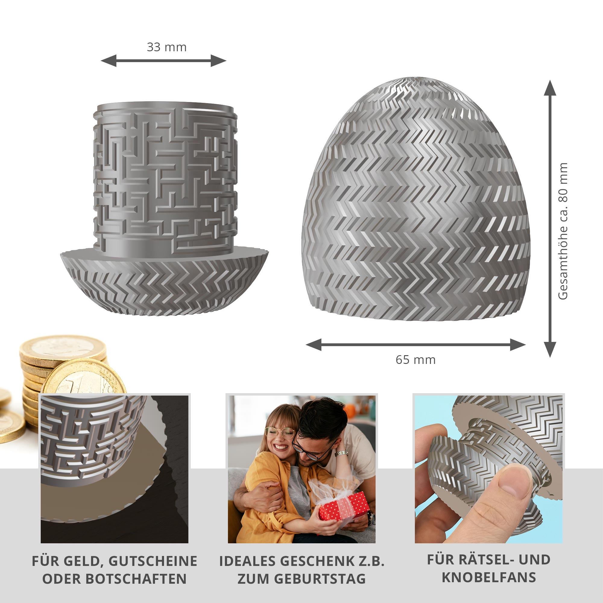 Labyrinthbox Ei – Geschenkverpackung für Geld & Gutscheine - Silber Labyrinthbox Ei – Geschenkverpackung für Geld & Gutscheine - Silber