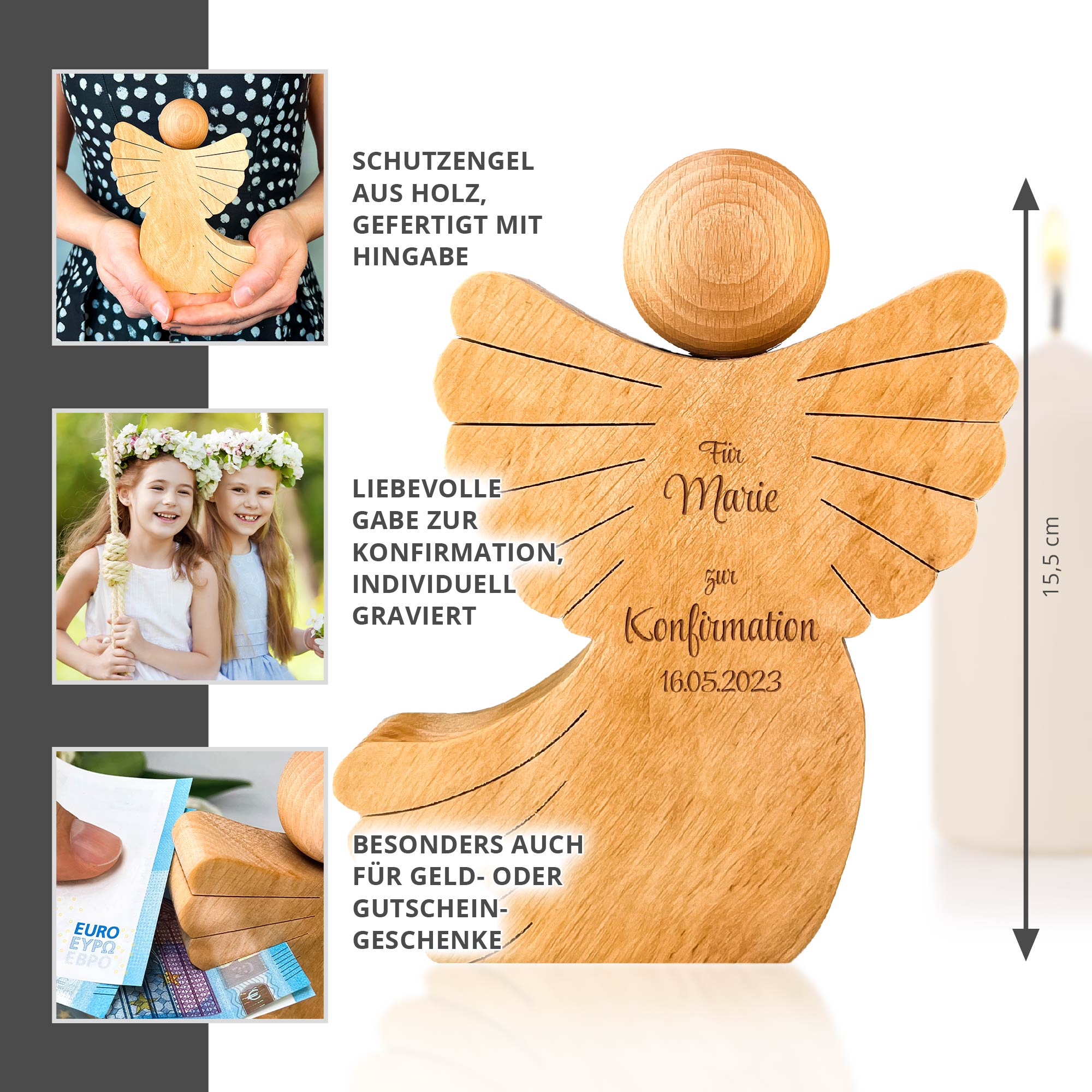 Holzengel mit Schweif - personalisiert zur Konfirmation