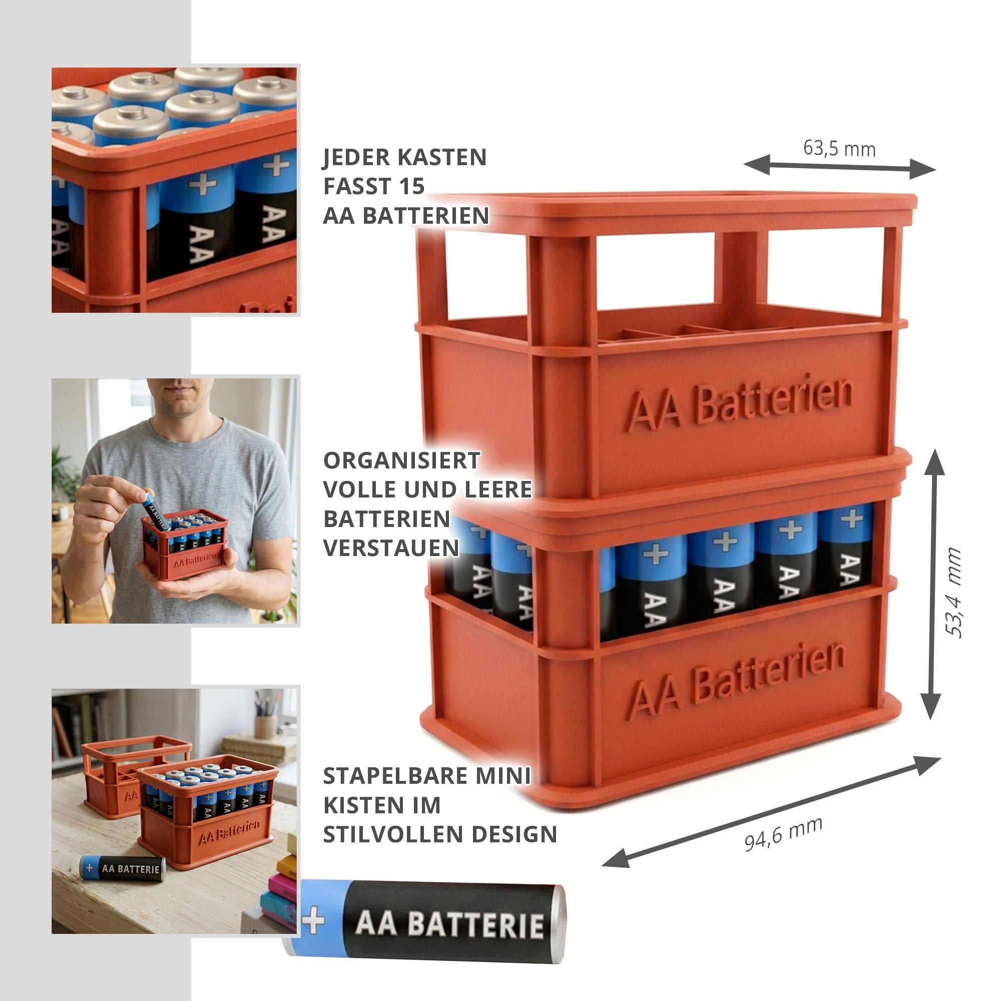 Stapelbare Aufbewahrungsbox für Batterien AA - 2er Set Bierkasten Rot Stapelbare Aufbewahrungsbox für Batterien AA - 2er Set Bierkasten Rot