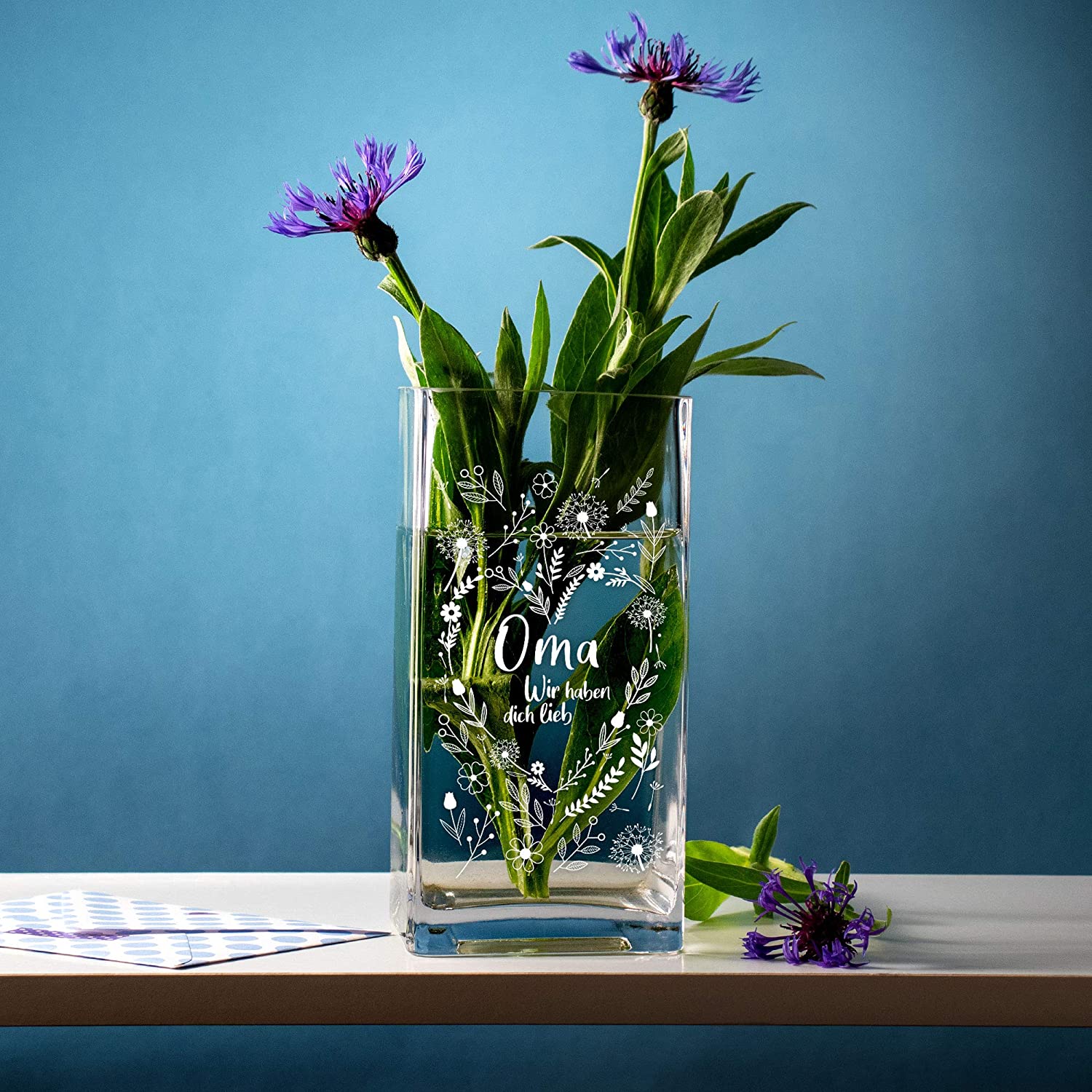 Eckige Vase - Blumenherz für Oma