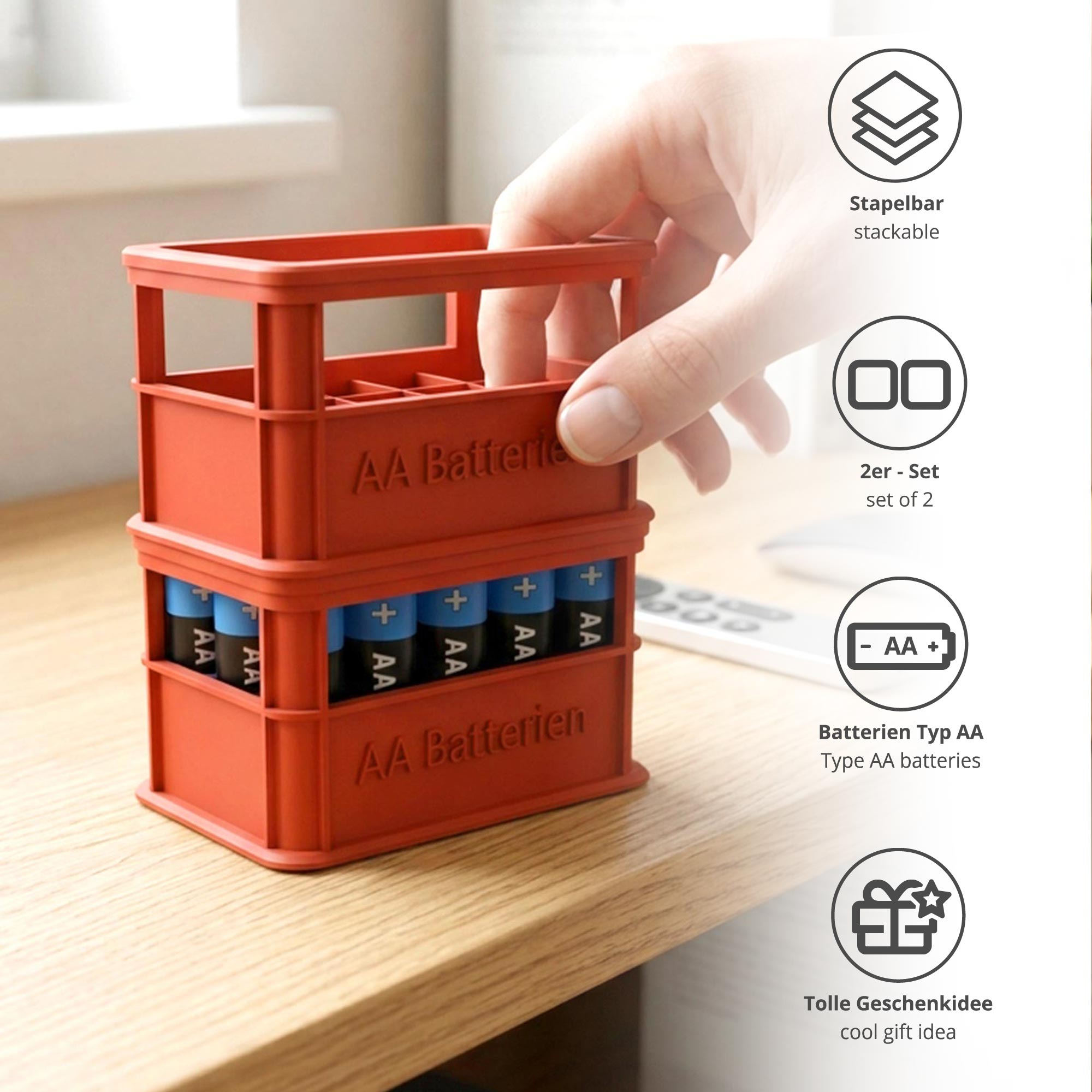 Stapelbare Aufbewahrungsbox für Batterien AA - 2er Set Bierkasten Rot Stapelbare Aufbewahrungsbox für Batterien AA - 2er Set Bierkasten Rot