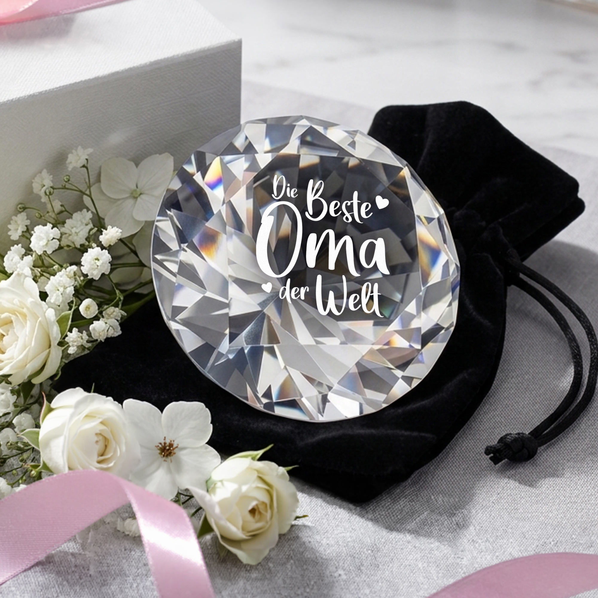 Diamant Kristall mit Gravur und Samtsäckchen - Beste Oma