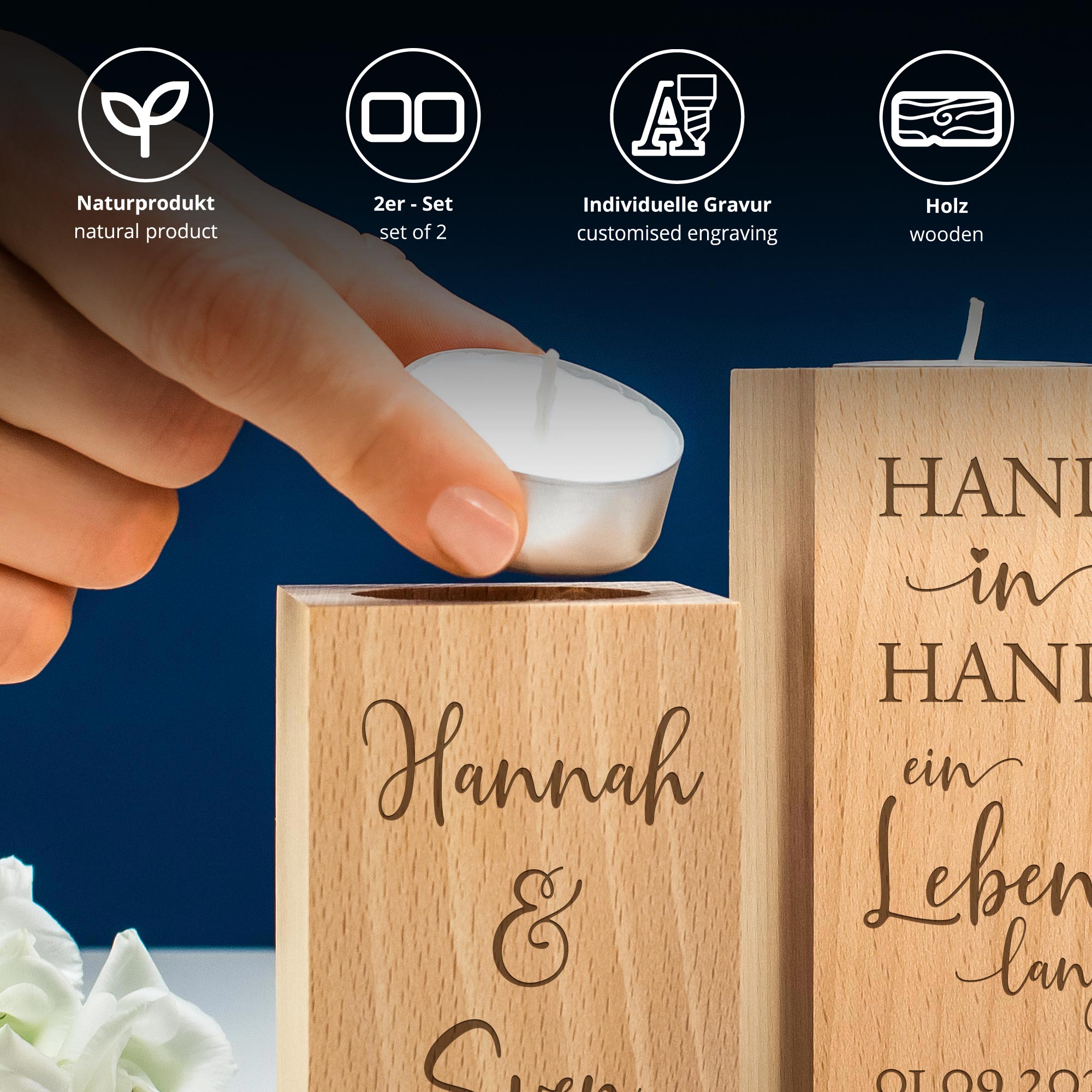 Teelichthalter Set - Eckig - Hochzeitspruch - Hand in Hand - Personalisiert