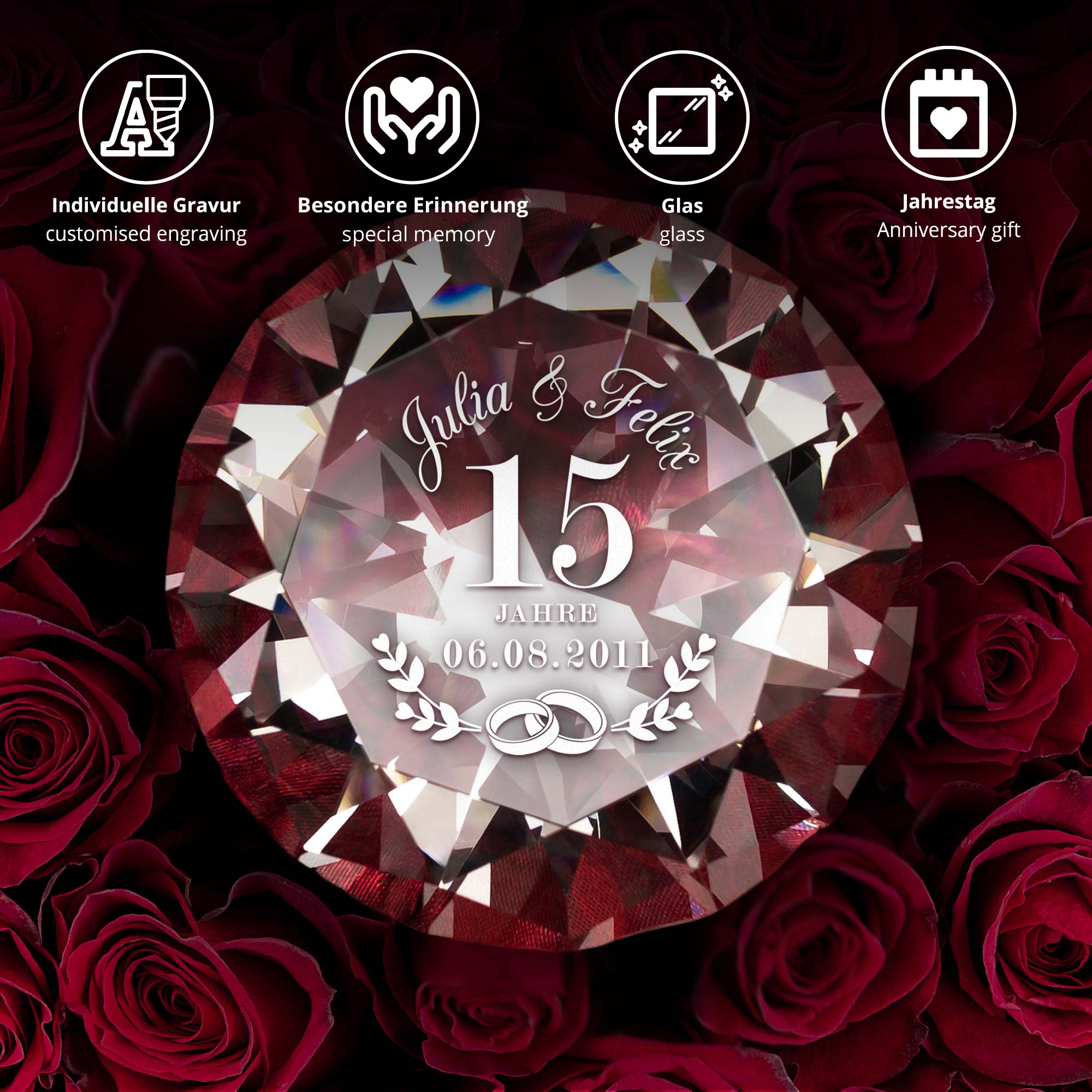 Diamant Kristall mit Gravur und Samtsäckchen - Kristallhochzeit Diamant Kristall mit Gravur und Samtsäckchen - Kristallhochzeit