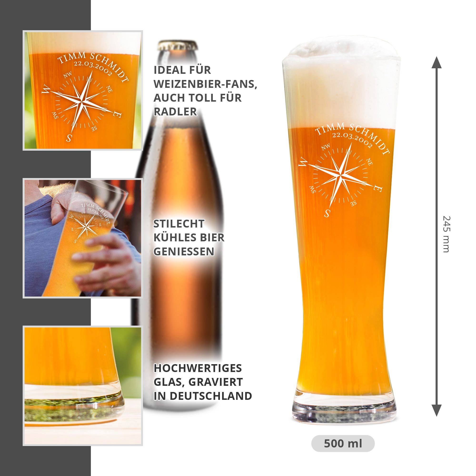 Weizenglas mit Gravur - Kompass
