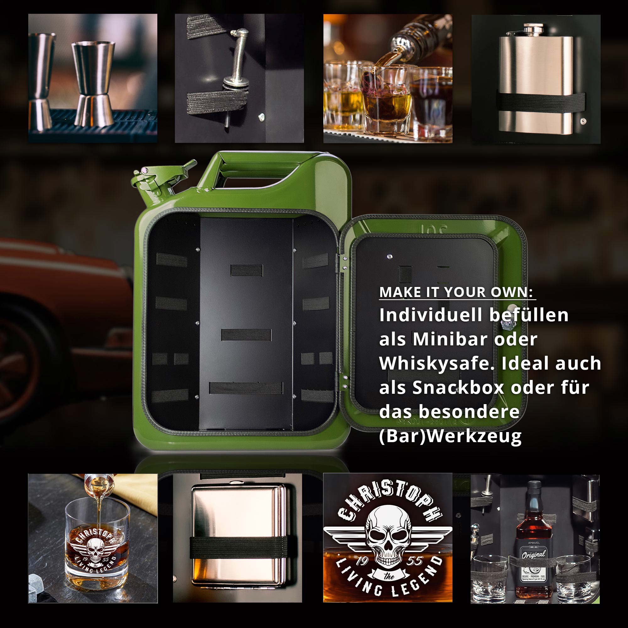 Grüne Kanisterbar mit 2 Whiskygläsern mit Gravur - Totenkopf