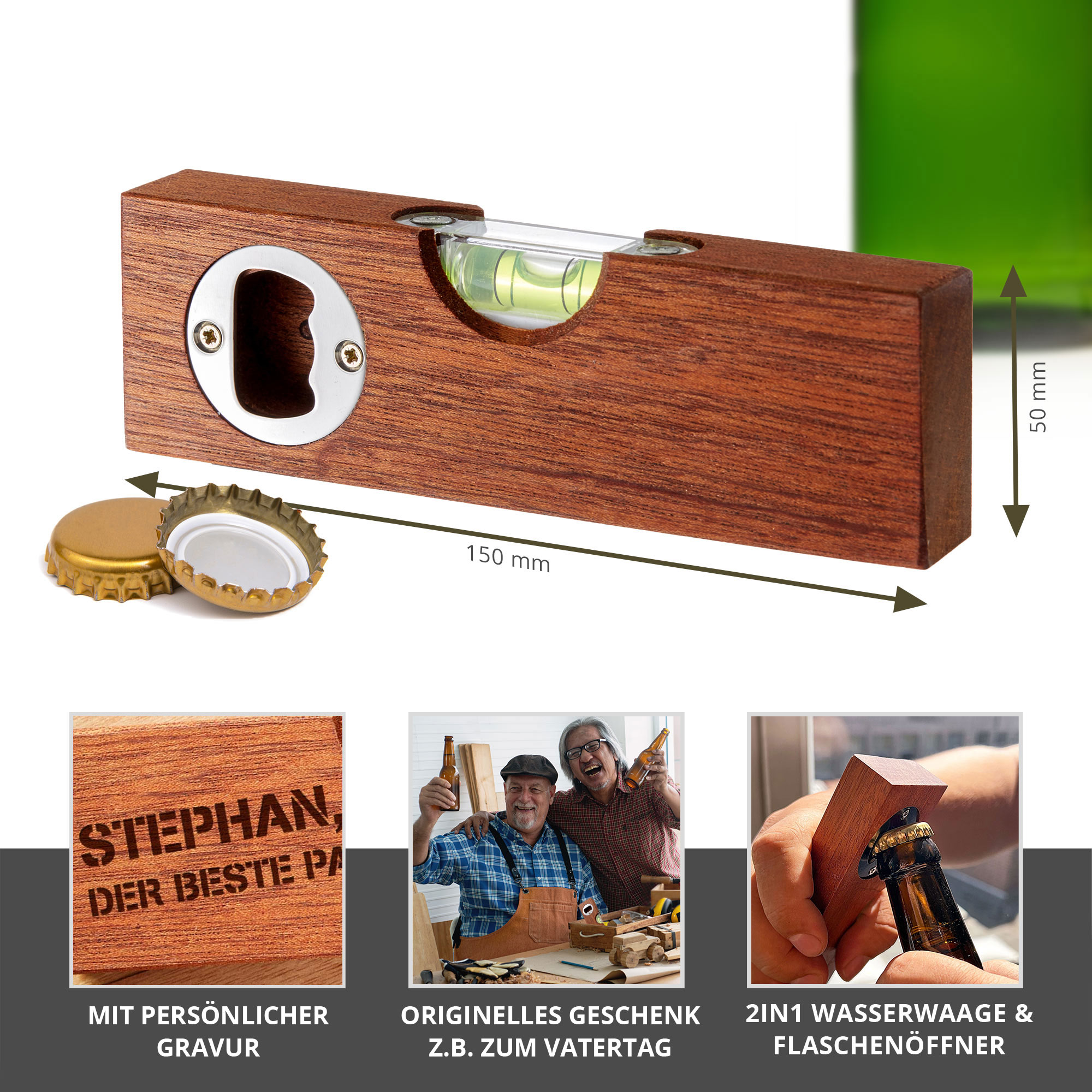 Wasserwaage mit Flaschenöffner graviert - Bester Papa