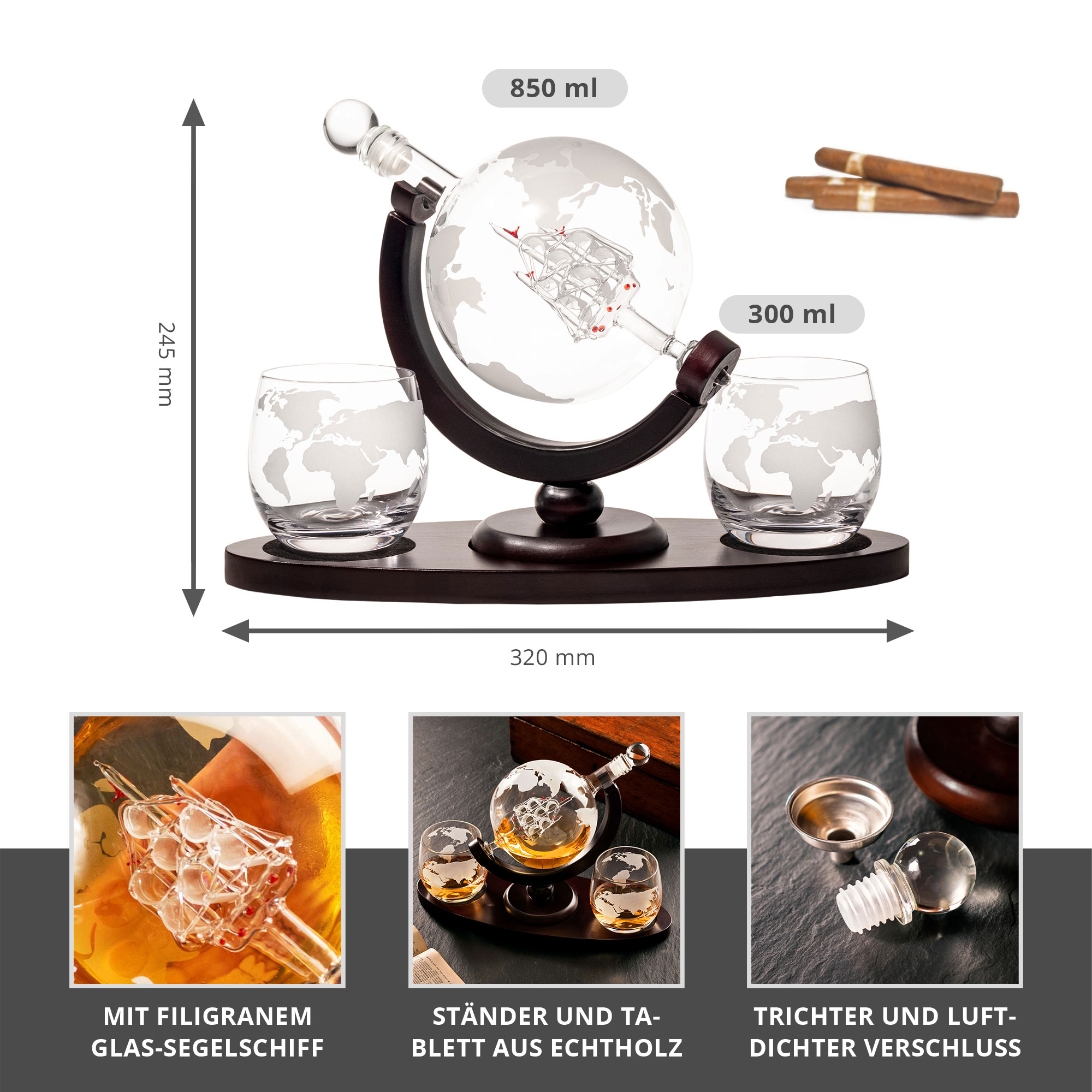 Whisky Set mit Globus Karaffe und 2 Gläsern - Segelschiff