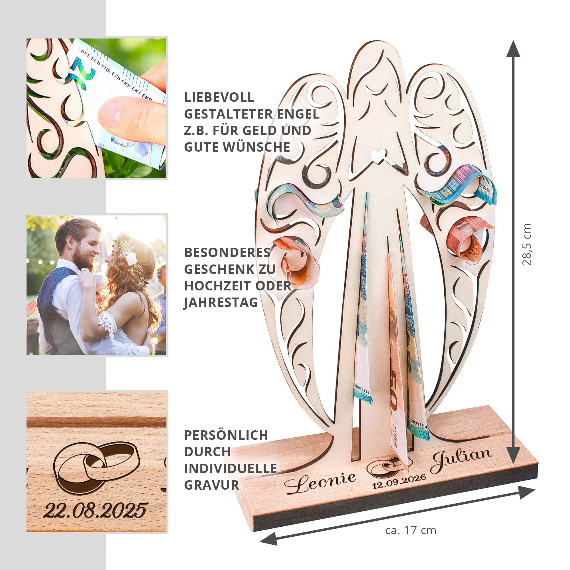 Großer Geldengel aus Holz mit Gravur zur Hochzeit - Ringe