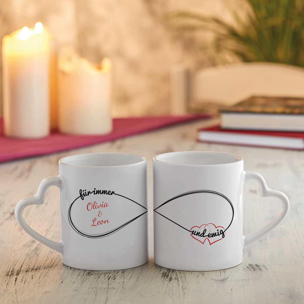 Personalisiertes Herz Henkeltasse Set - Unendlichkeitszeichen