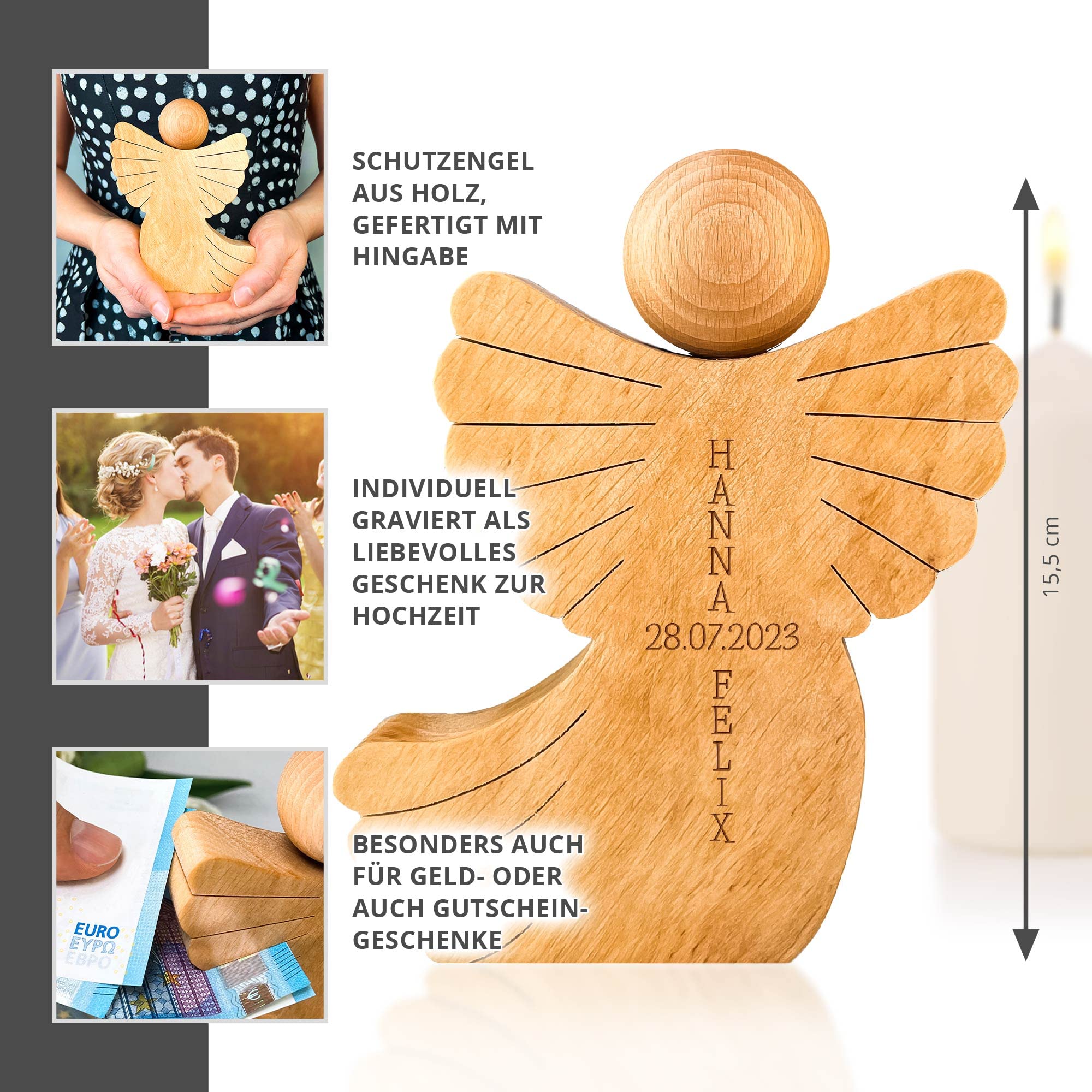 Holzengel mit Schweif - personalisiert mit Namen und Datum