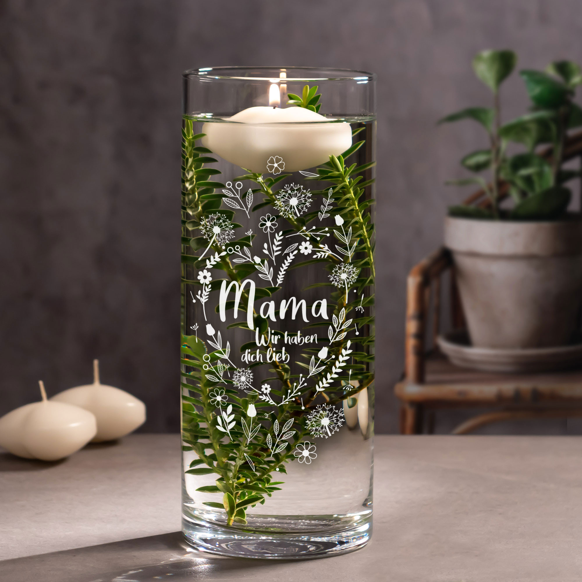 Runde Vase mit Gravur - Blumenherz Mama