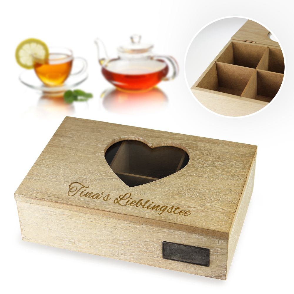 Gravierte Teebox aus Holz - Herz 1938