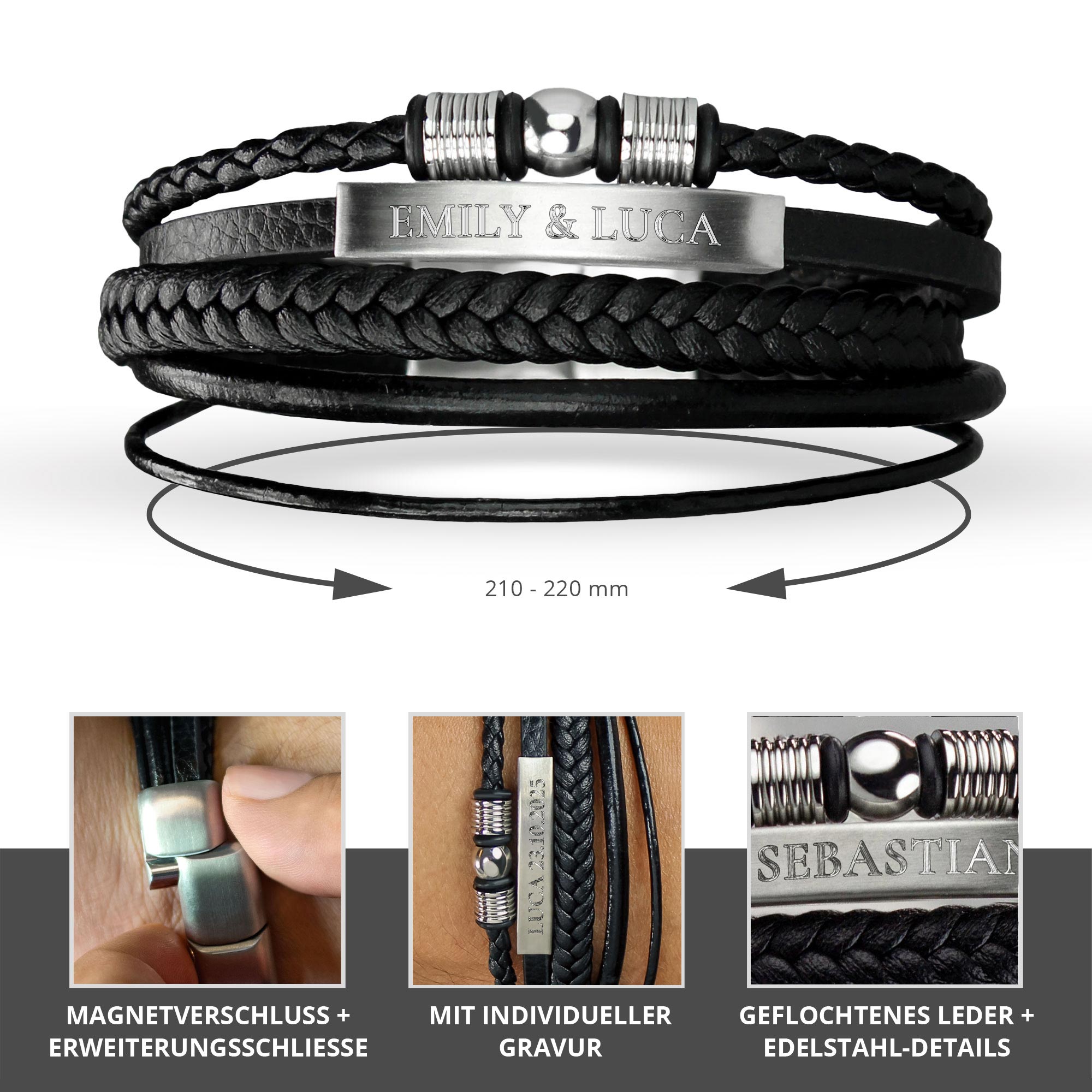 Geflochtenes Lederarmband mit Beads Silber - mit Gravur