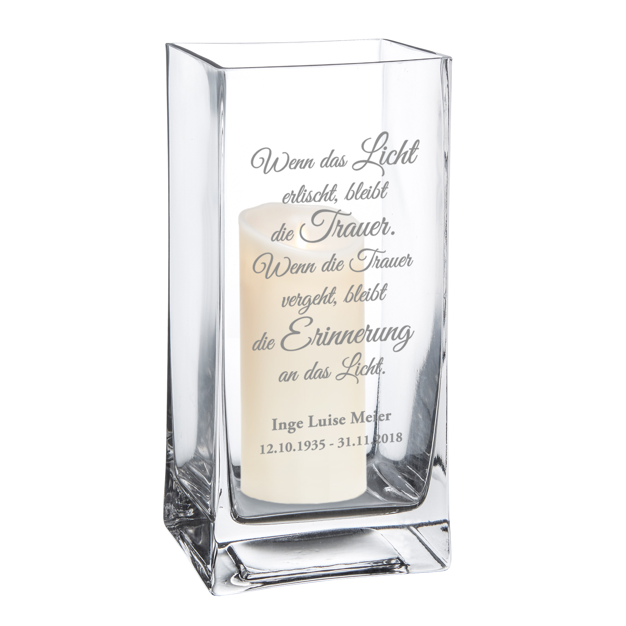 Vase - Eckig - Trauerspruch - Licht - Personalisiert