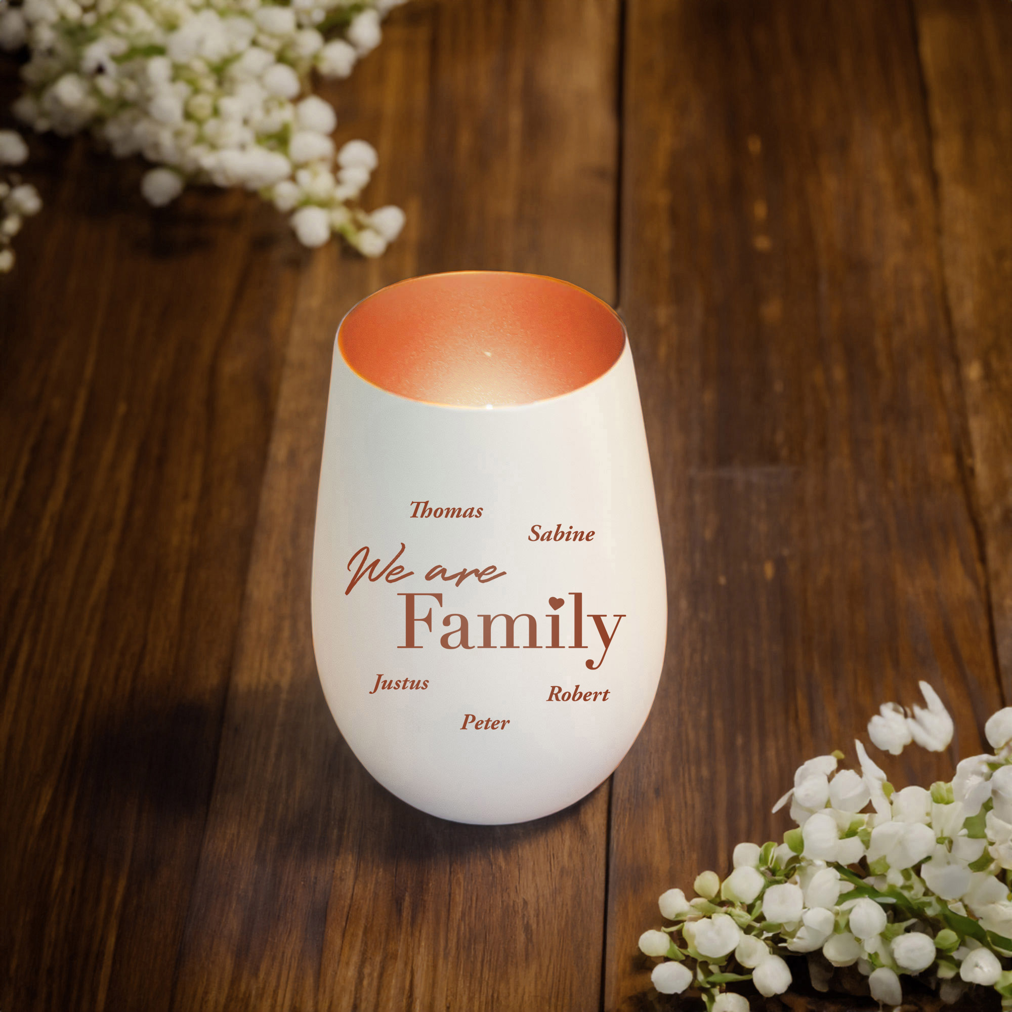 Weißes Windlicht mit Gravur Family - Bronze