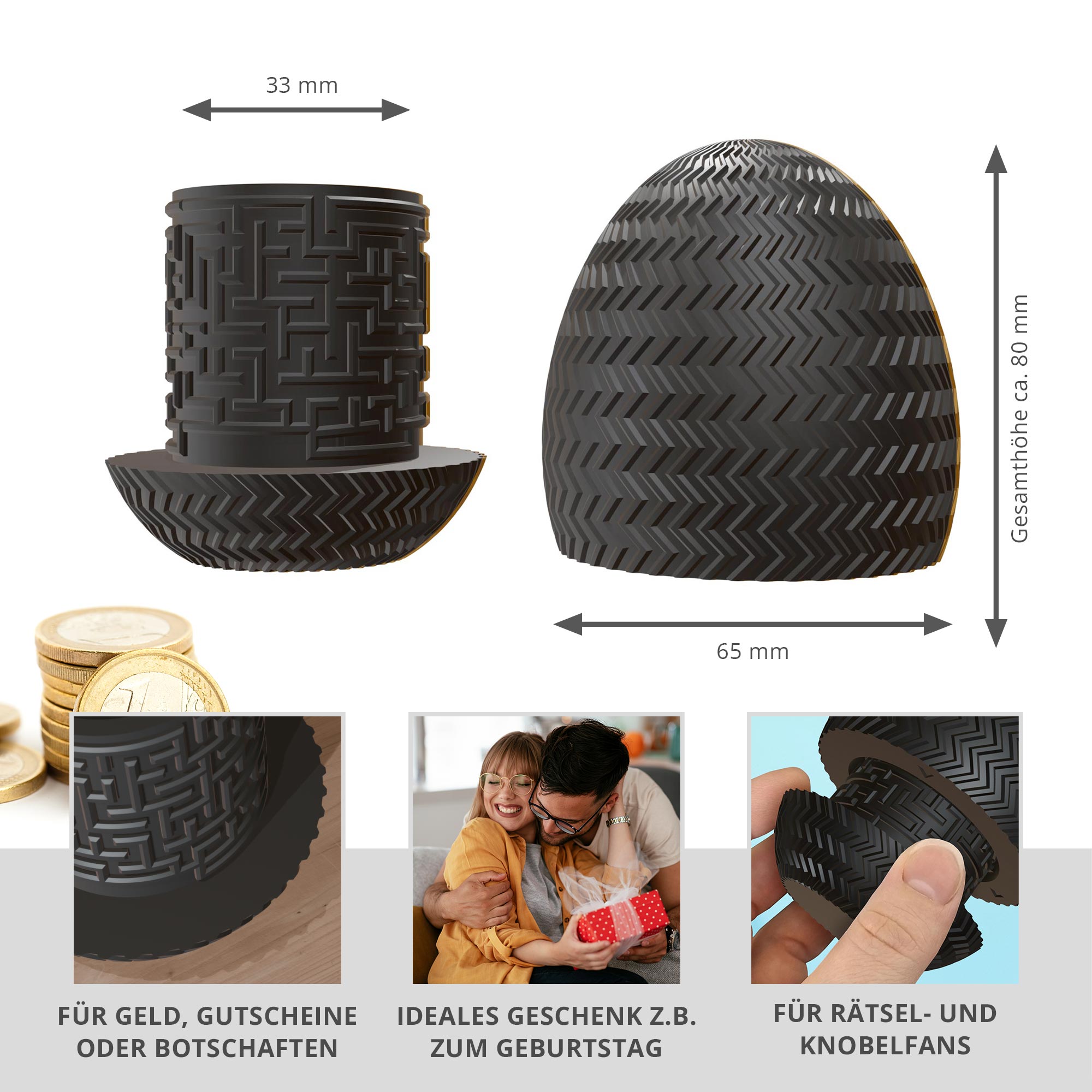 Labyrinthbox Ei – Geschenkverpackung für Geld & Gutscheine - Schwarz
