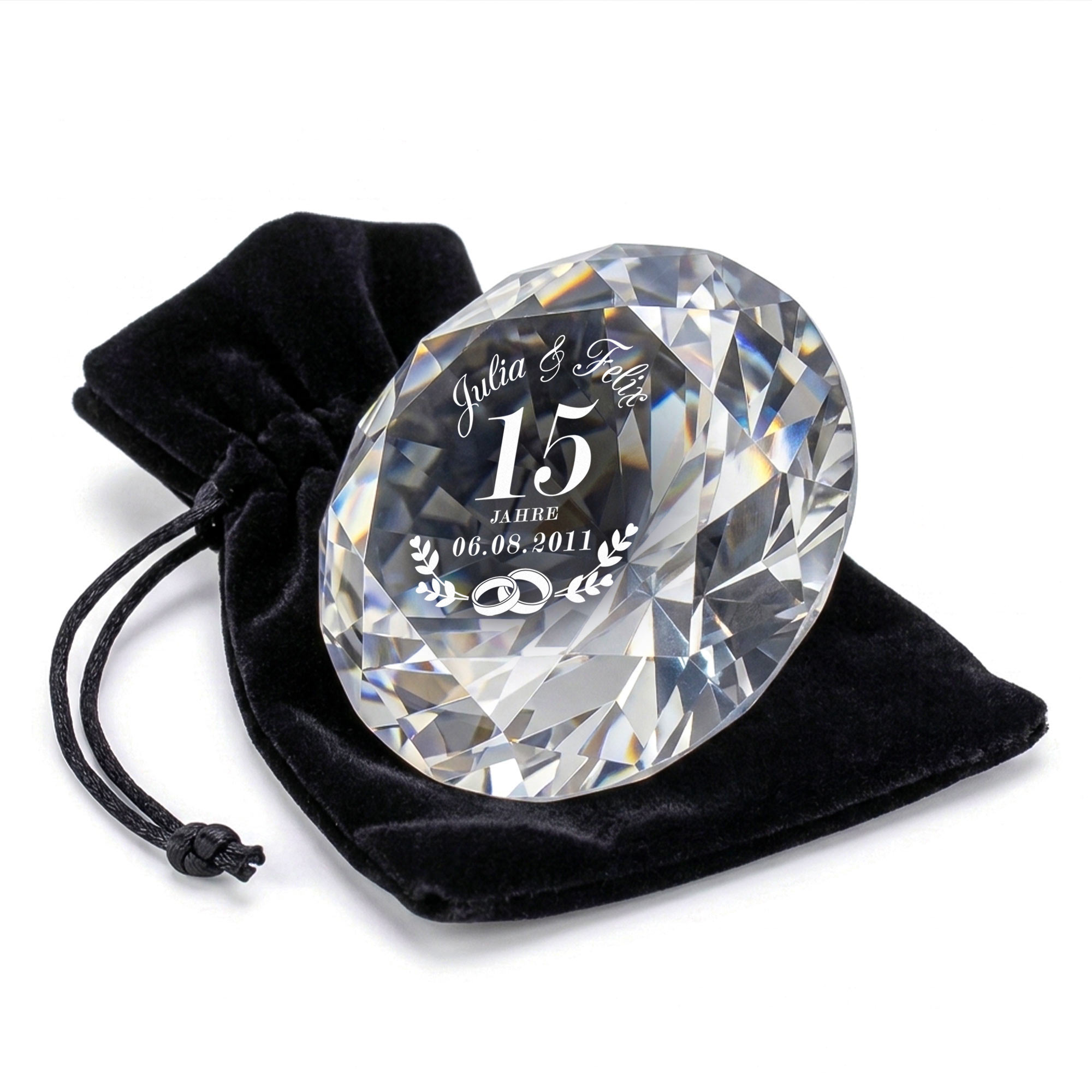 Diamant Kristall mit Gravur und Samtsäckchen - Kristallhochzeit Diamant Kristall mit Gravur und Samtsäckchen - Kristallhochzeit