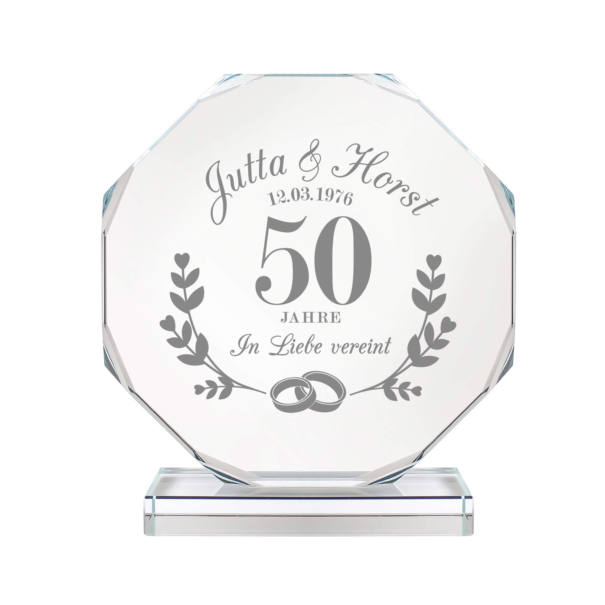 Personalisierter Glaspokal mit Facettenschliff zur Goldhochzeit - 50 Jahre