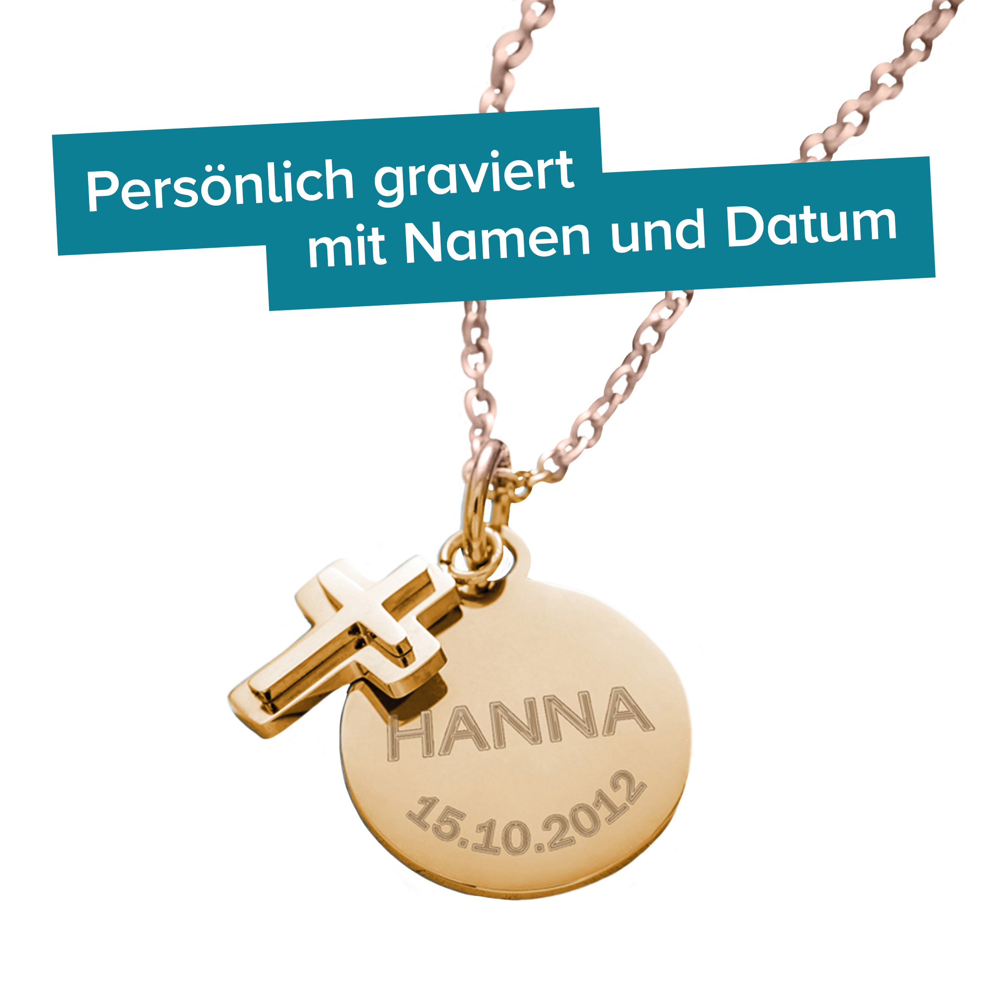 Runder Kettenanhänger mit Kreuz Gold - Name und Datum 4075 - 4